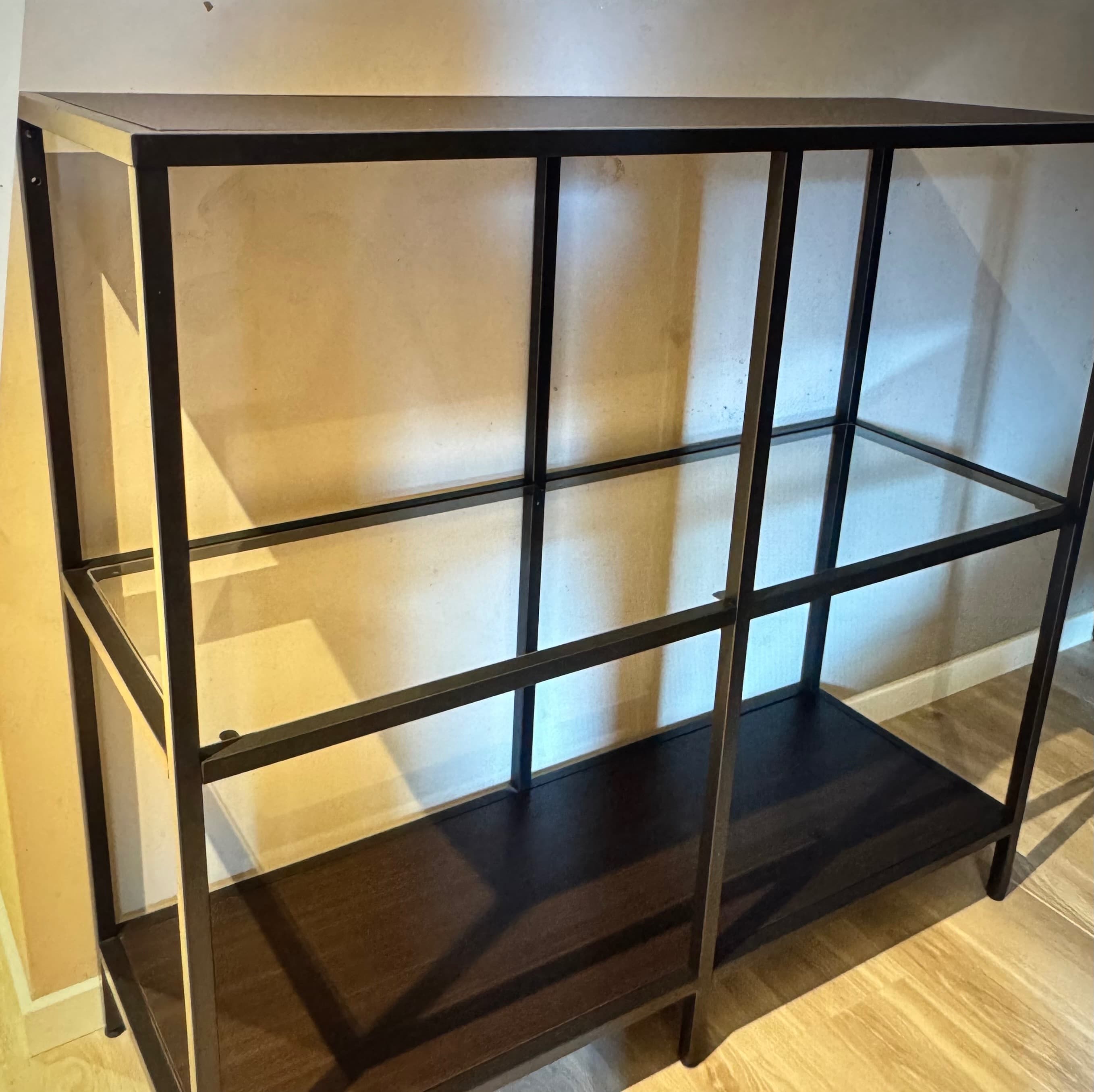 VITTSJÖ shelving unit, black-brown/glass, 100x93 cm
