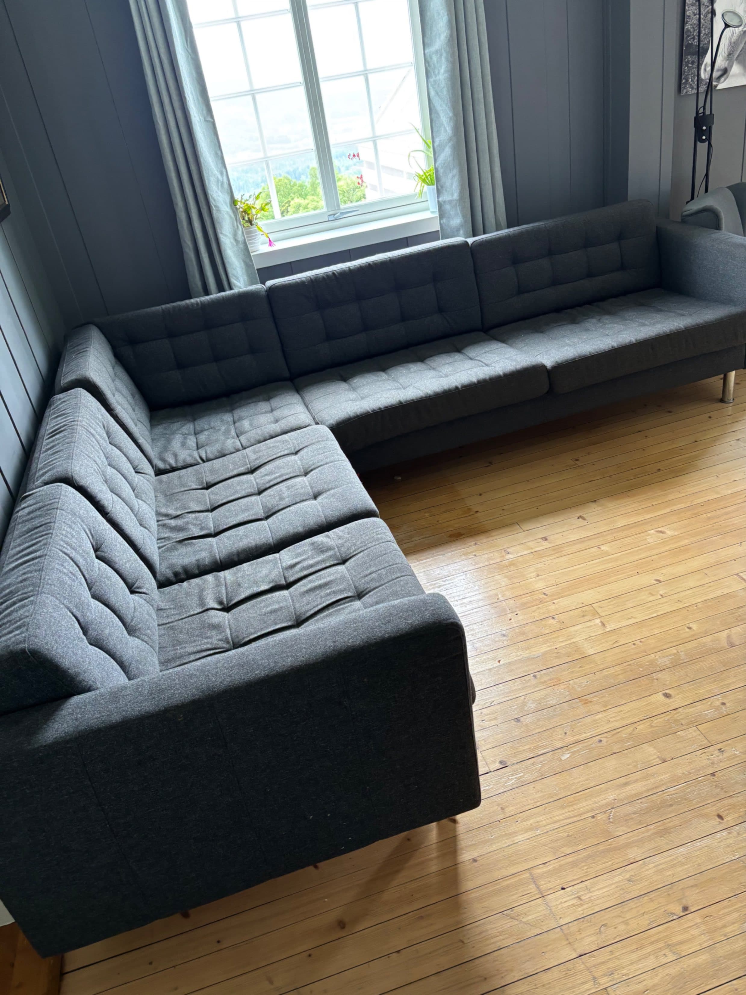 LANDSKRONA 4-seat sofa with chaise longue, Grann/Bomstad black/wood/black
