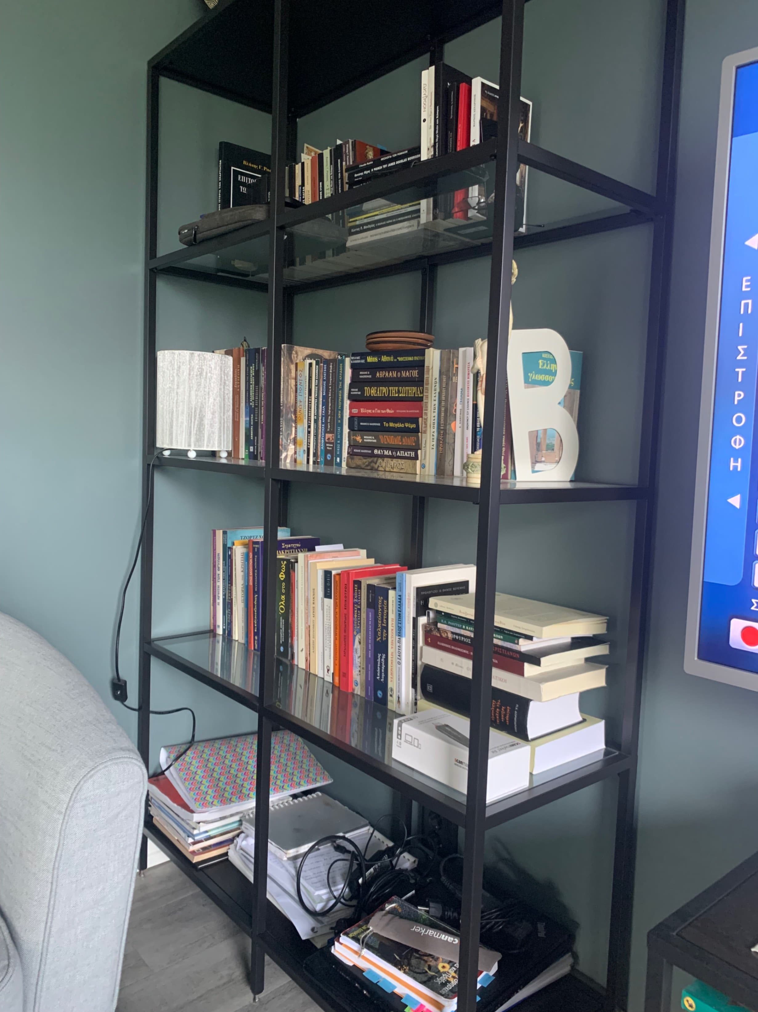 VITTSJÖ shelving unit, black-brown/glass, 100x175 cm