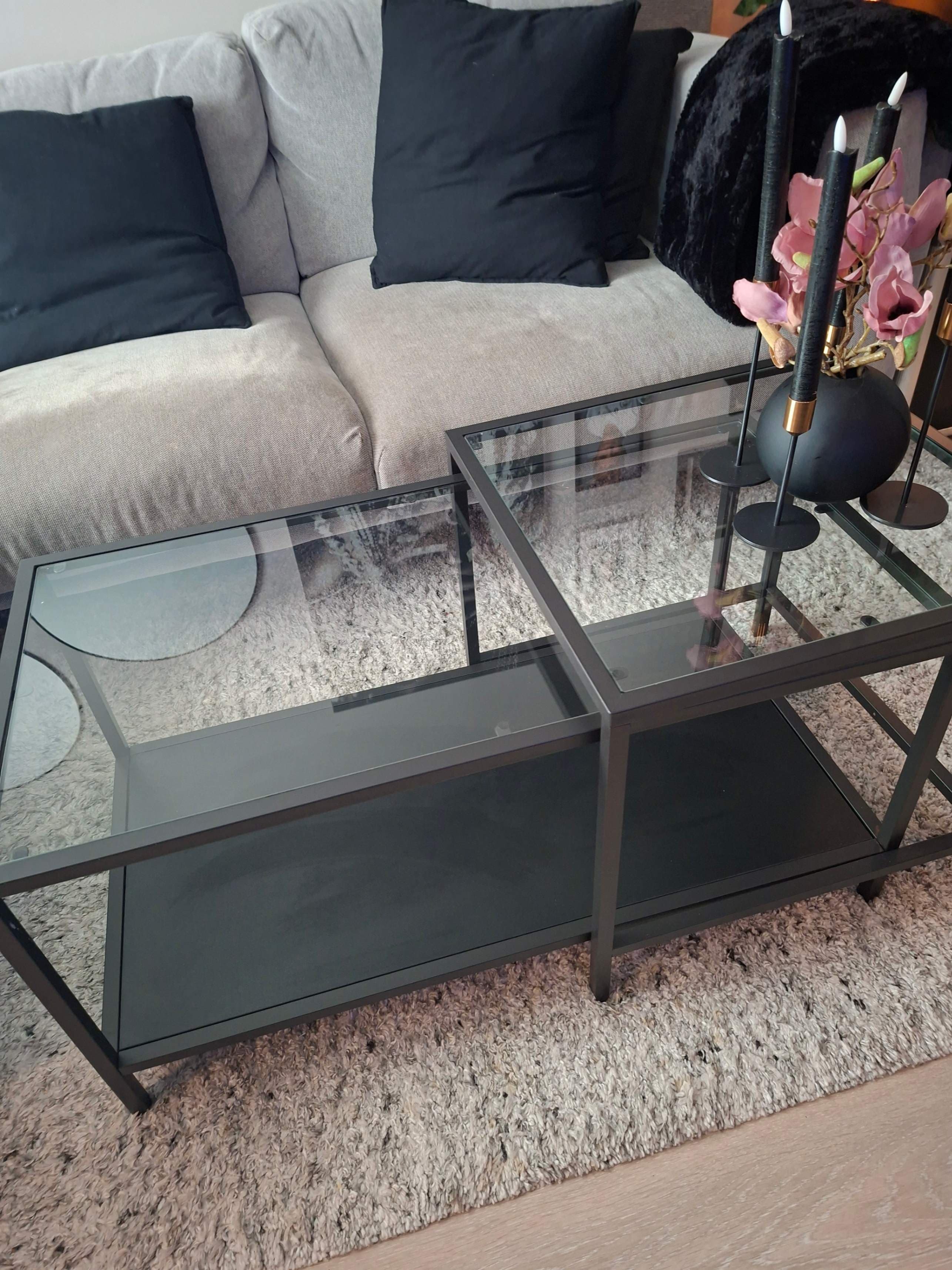 VITTSJÖ nest of tables, set of 2, black-brown/glass, 90x50 cm