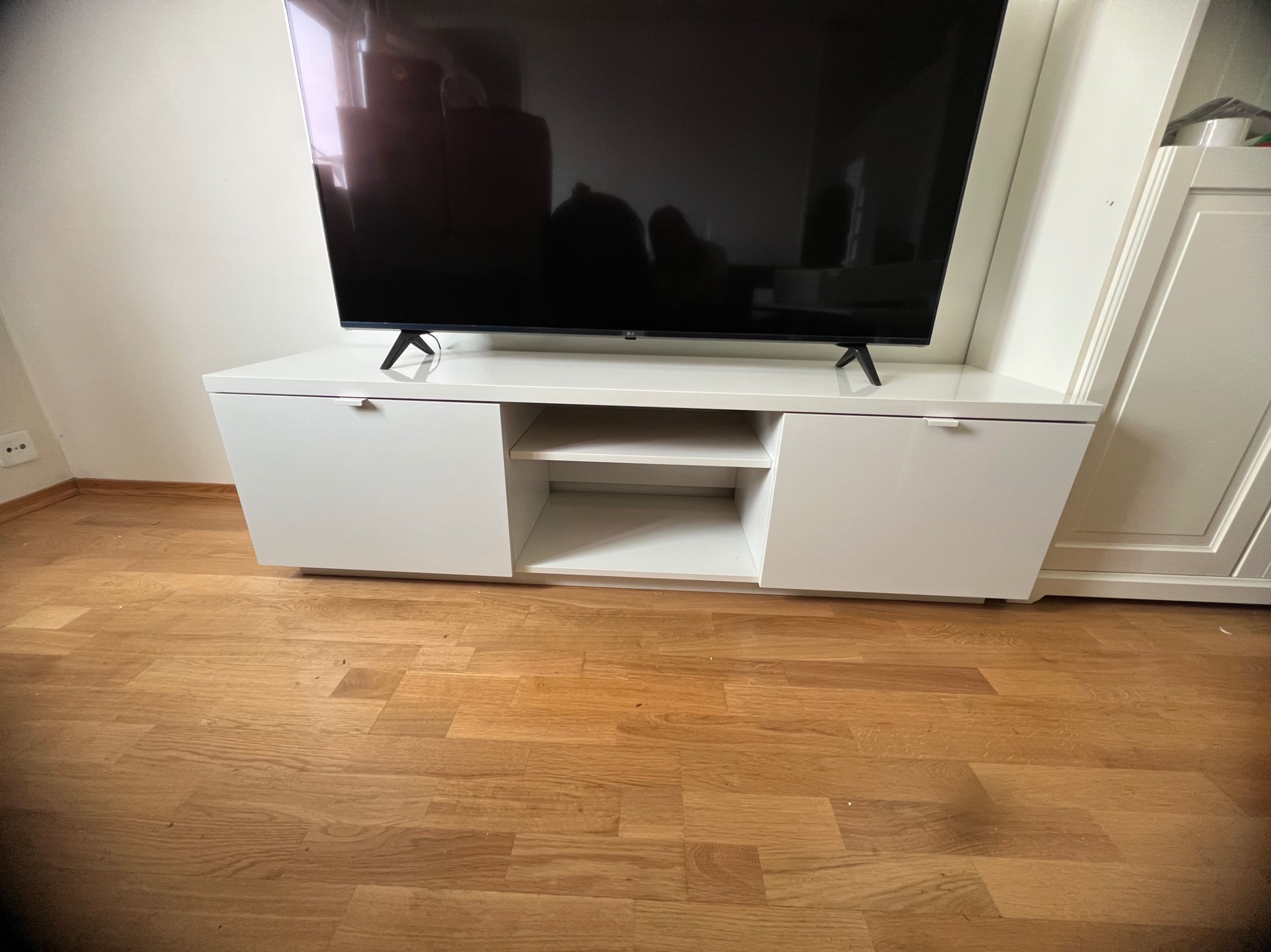 BYÅS TV bench, high-gloss white, 160x42x45 cm