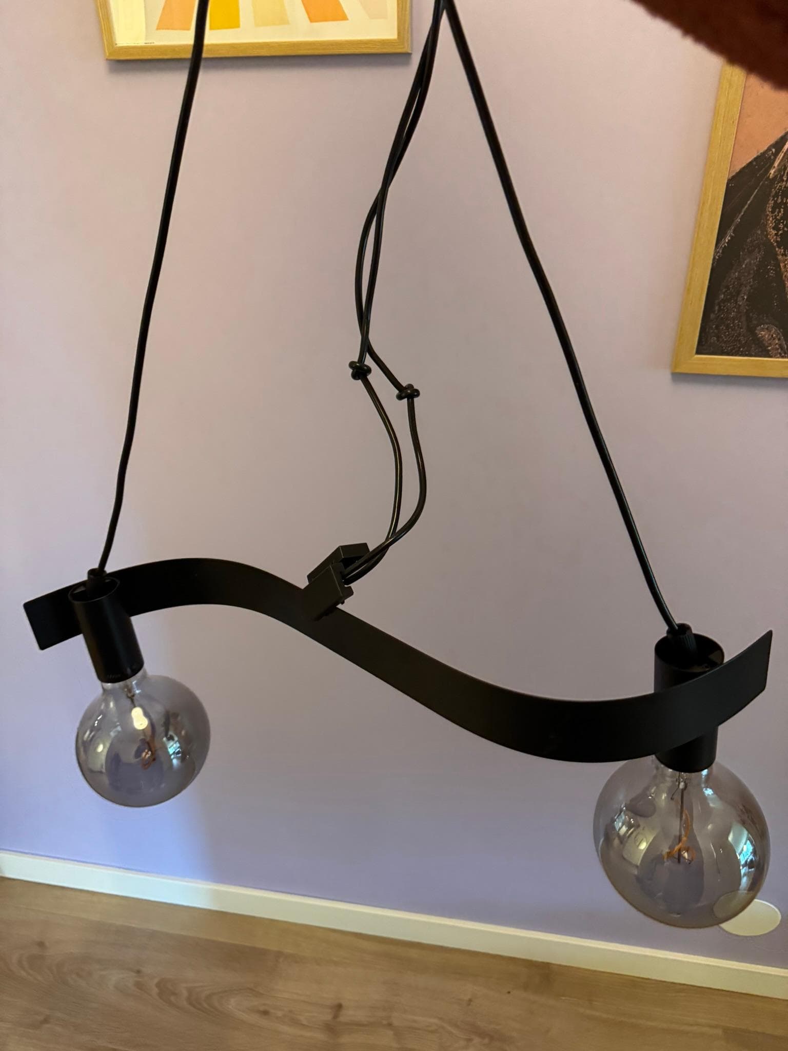 ACKJA / MOLNART pendant lamp with light bulb, wave shaped black/globe grey clear glass