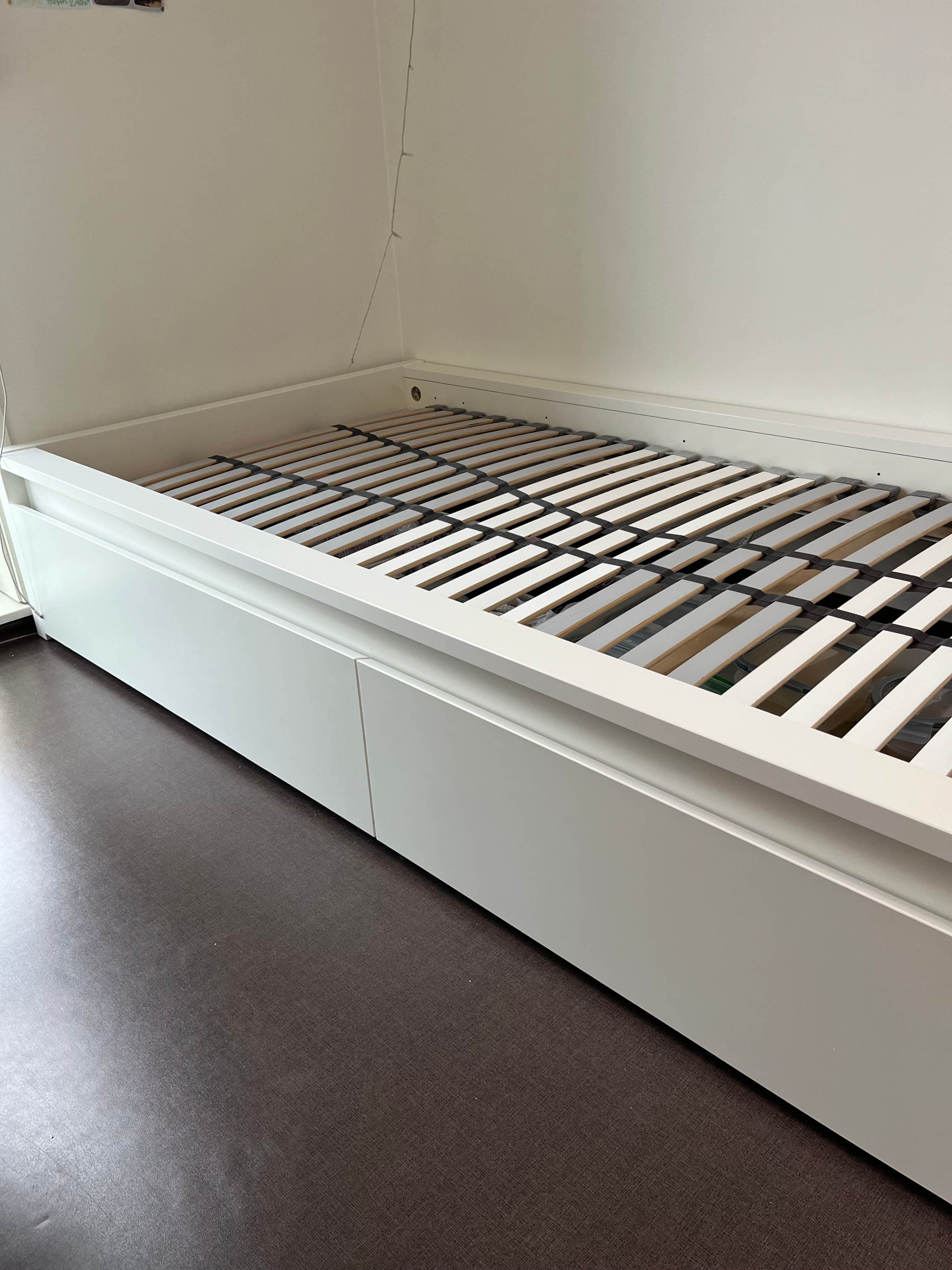MALM bed frame, high, w 2 storage boxes, white/Lönset, 90x200 cm