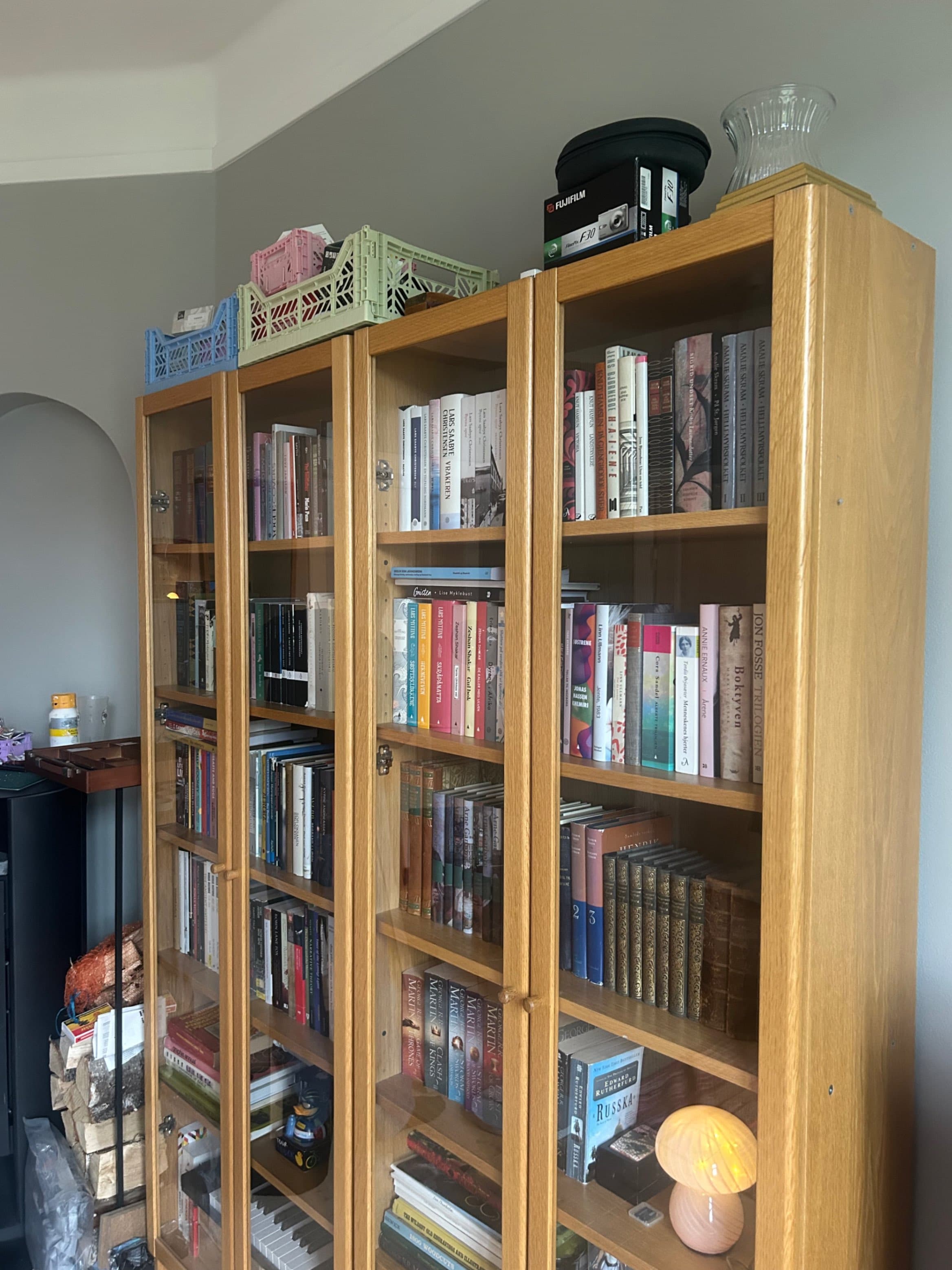 BILLY / OXBERG bookcase with glass doors, oak effect, 80x30x202 cm