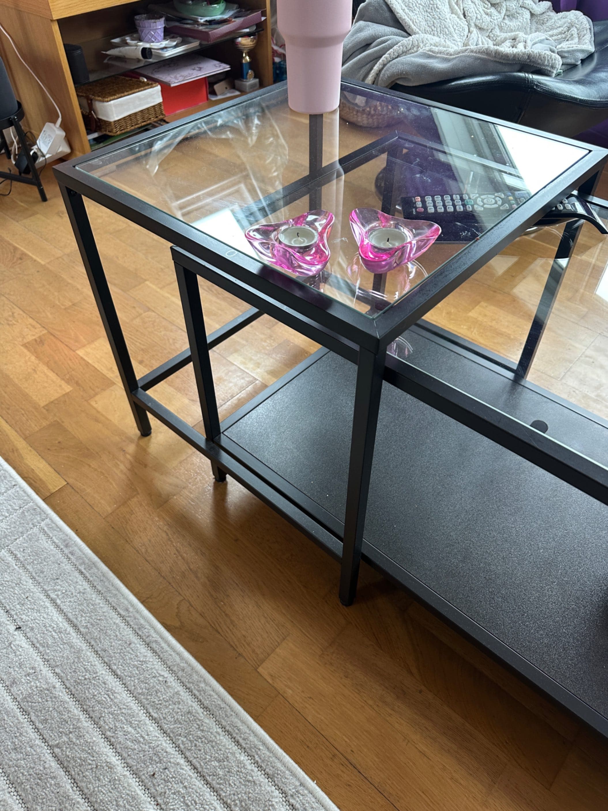 VITTSJÖ nest of tables, set of 2, black-brown/glass, 90x50 cm