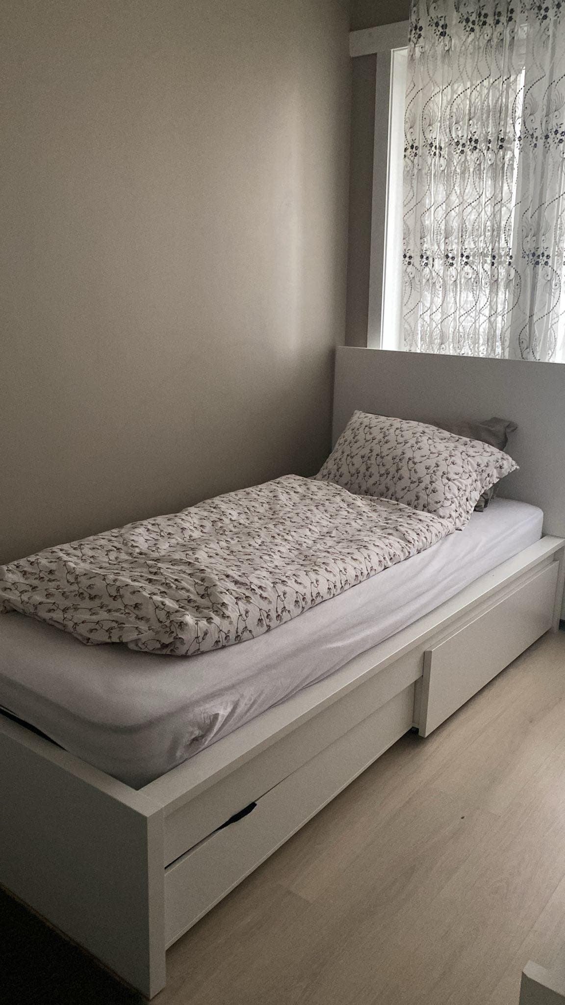 MALM bed frame, high, w 2 storage boxes, white/Luröy, 90x200 cm