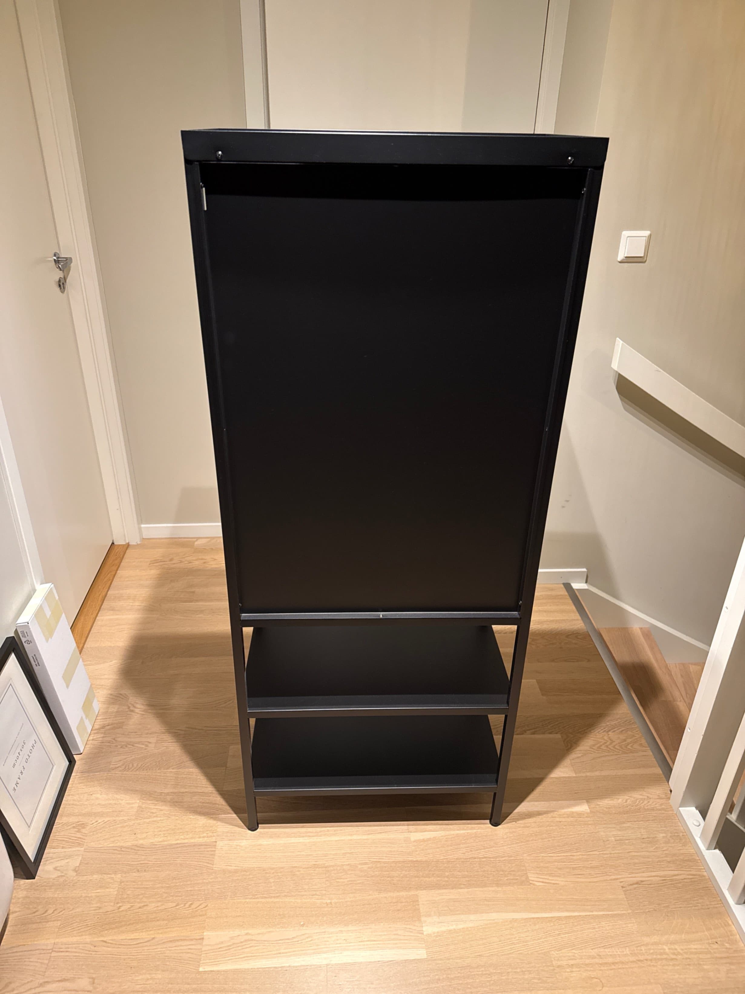 MOSSJÖN glass-door cabinet with 2 doors, anthracite, 60x34x146 cm