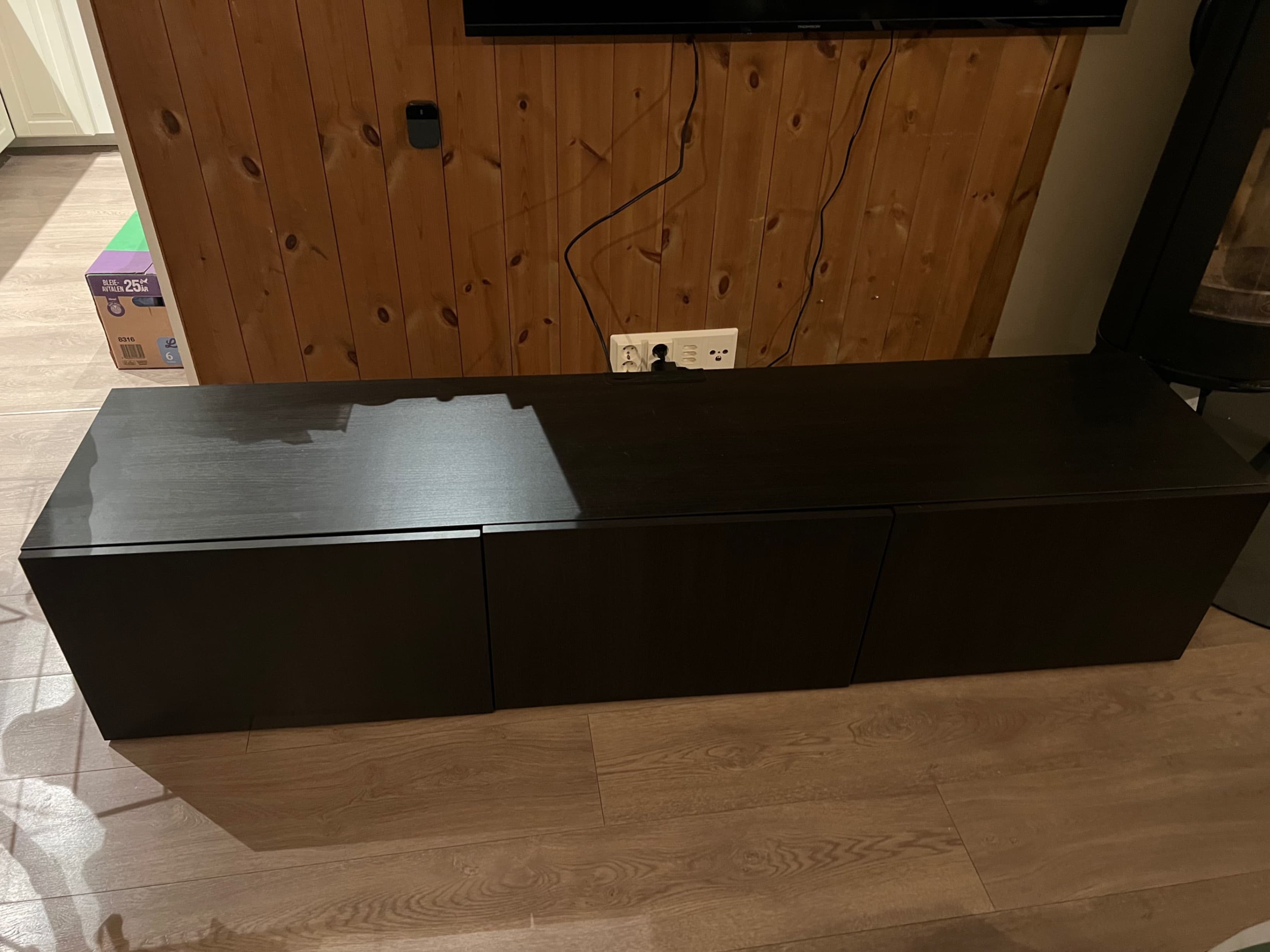 BESTÅ TV bench with doors, black-brown Hedeviken/dark brown oak veneer, 180x42x38 cm