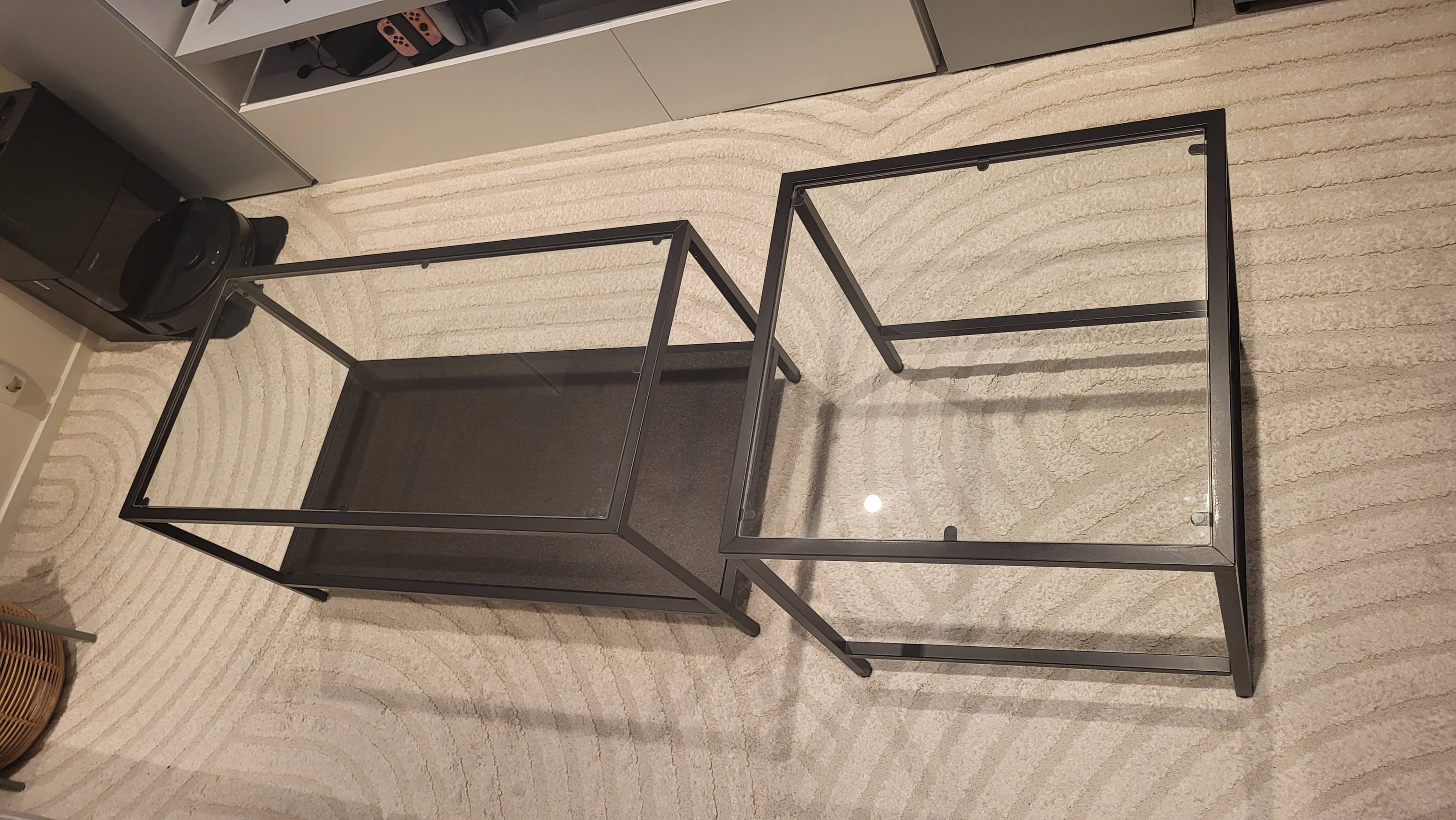 VITTSJÖ nest of tables, set of 2, black-brown/glass, 90x50 cm