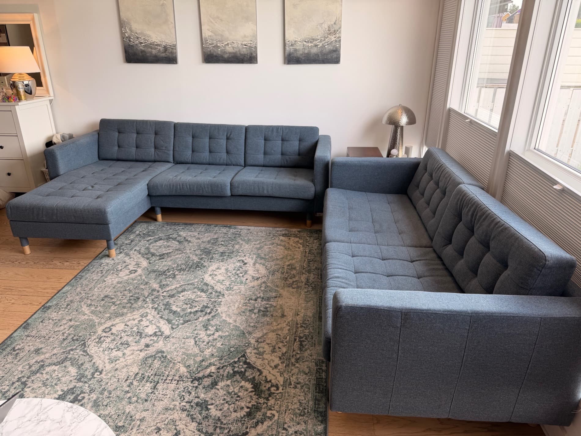 LANDSKRONA 3-seat sofa, with chaise longue/Gunnared blue/wood