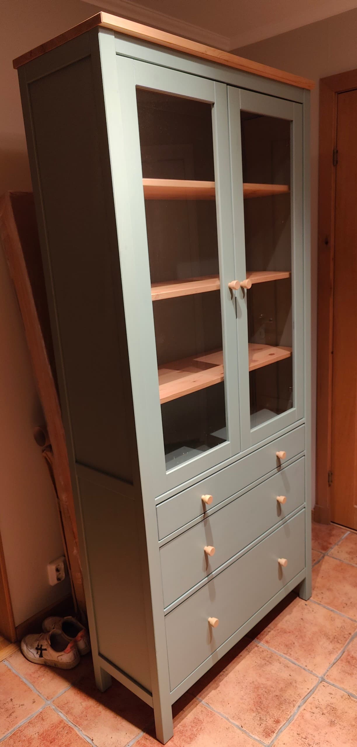 HEMNES glass-door cabinet with 3 drawers, grey-green/light brown stained, 90x197 cm