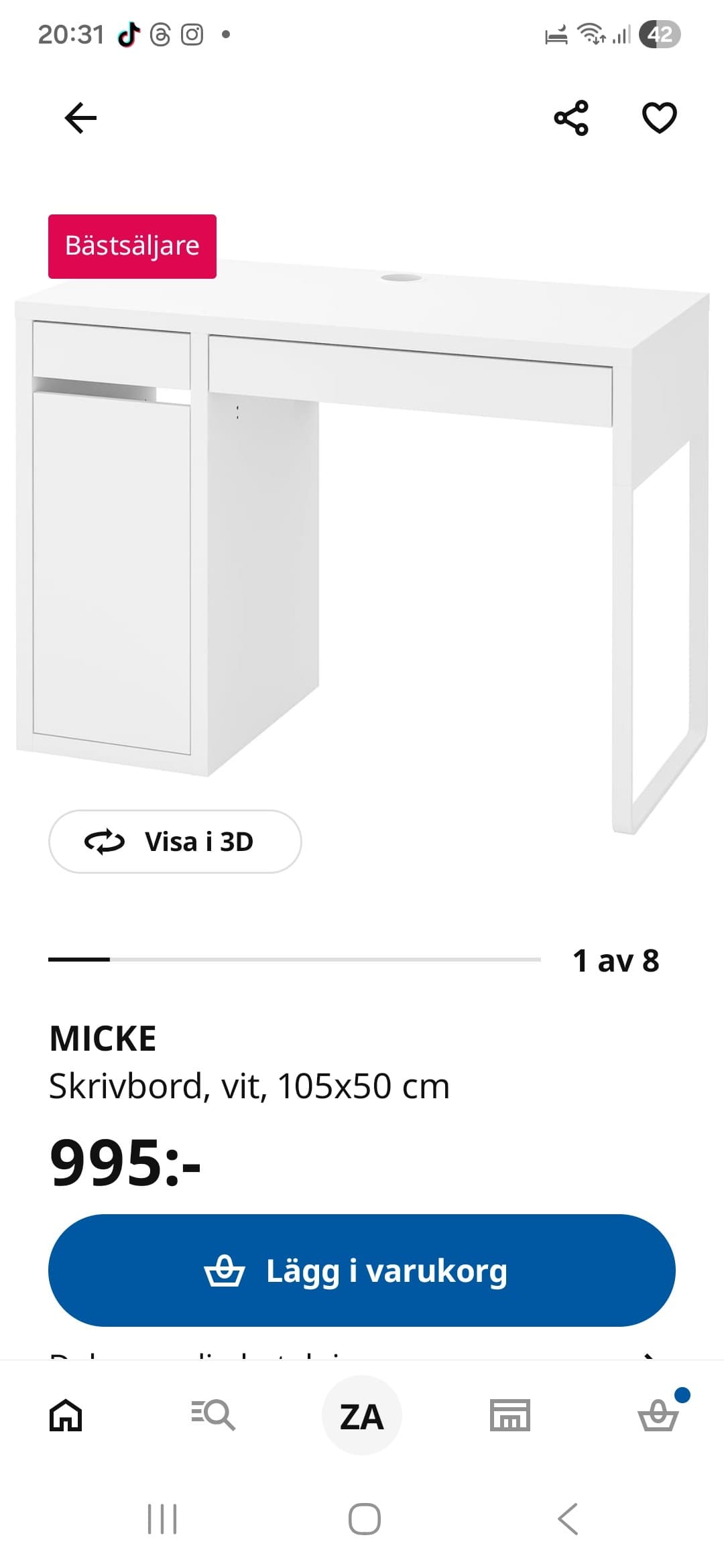 MICKE desk, white, 105x50 cm