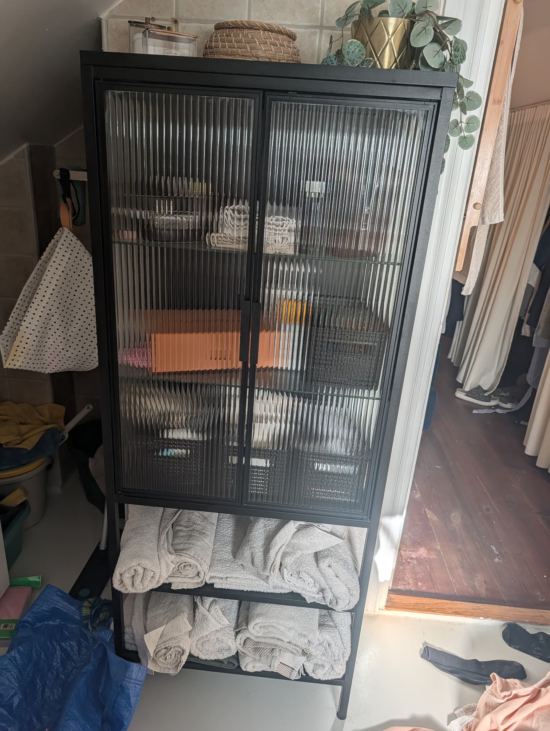 MOSSJÖN glass-door cabinet with 2 doors, anthracite, 60x34x146 cm