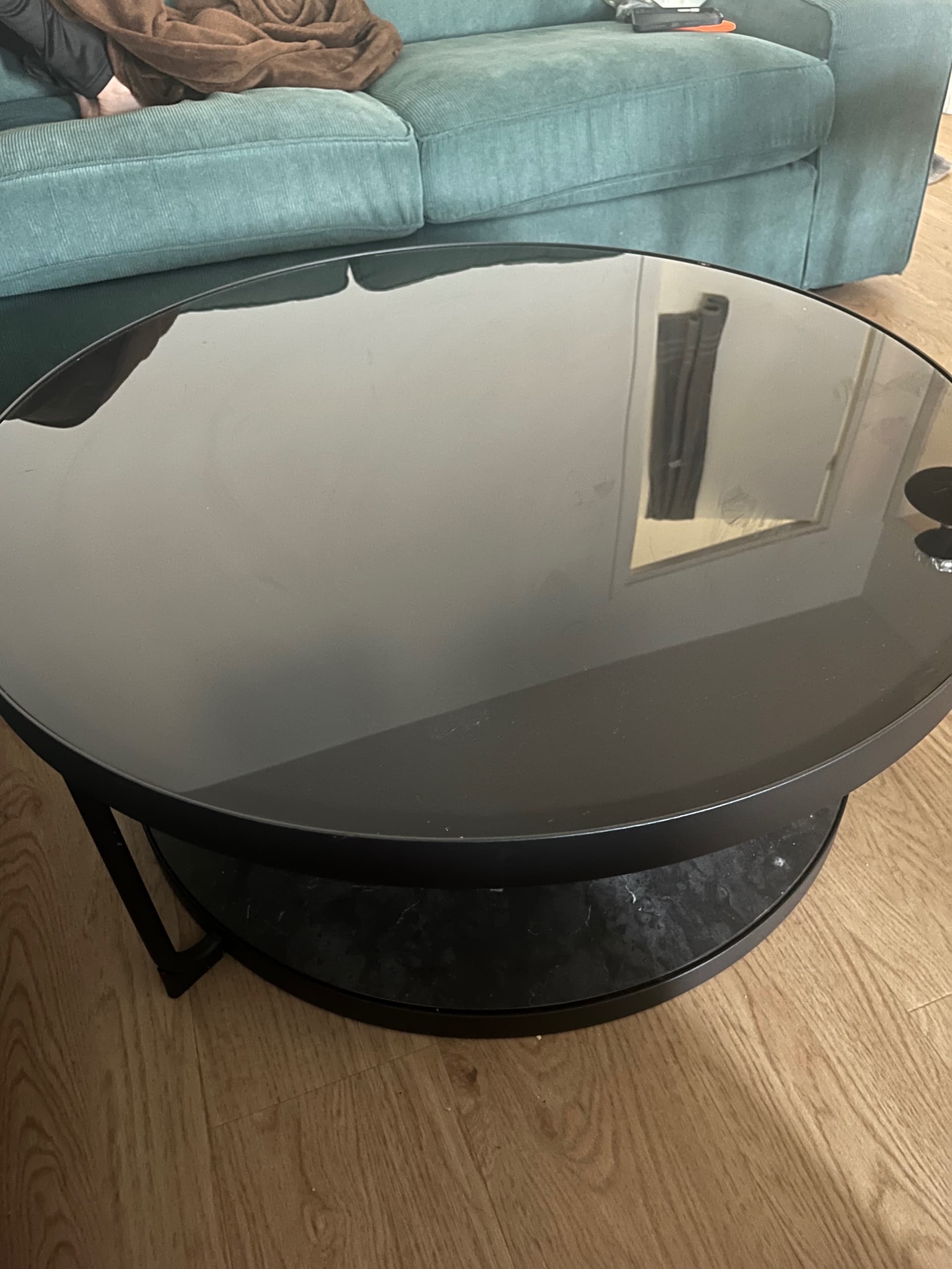 FRÖTORP coffee table, anthracite marble effect/black glass, 88 cm