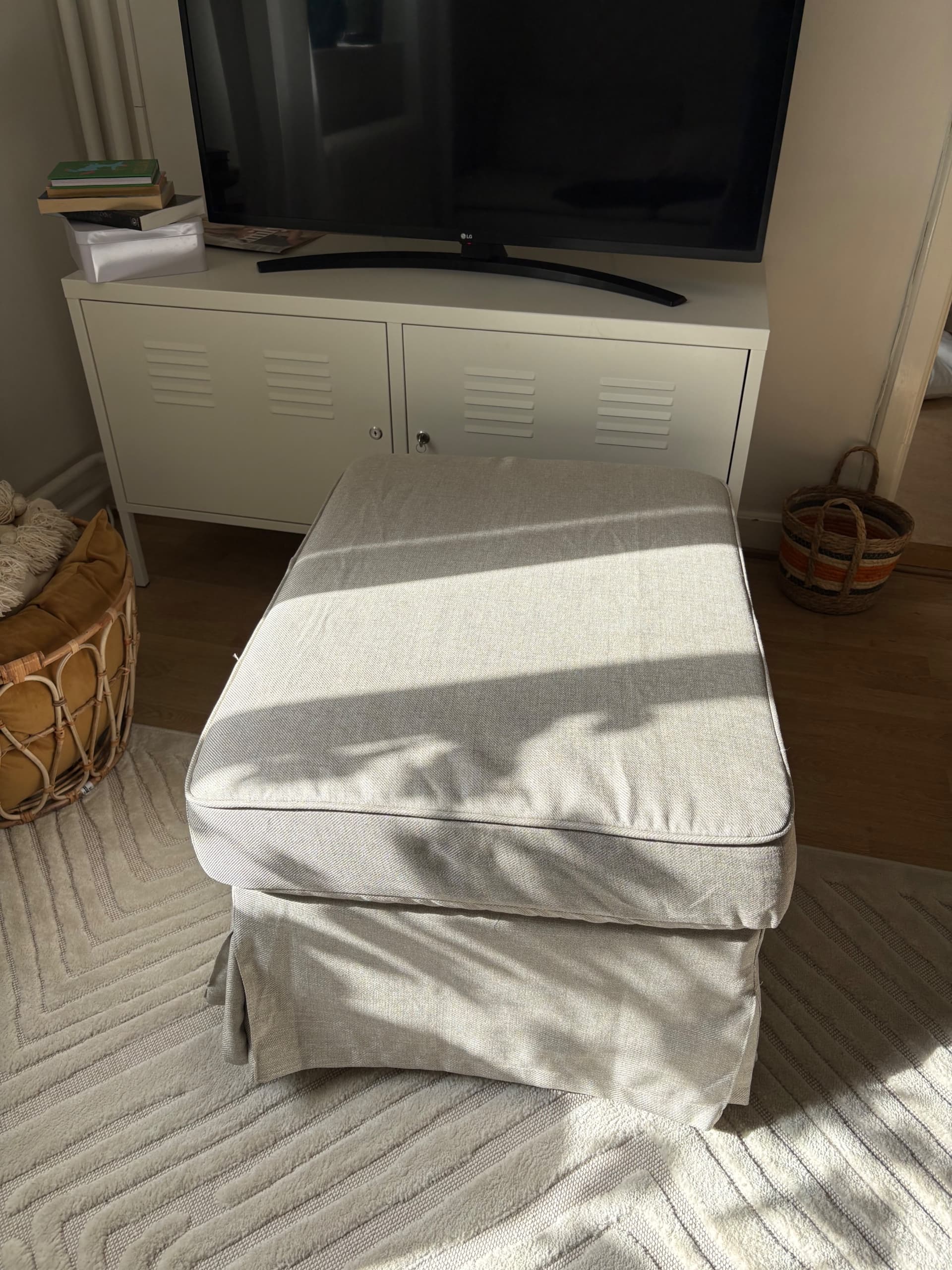 EKTORP footstool with storage, Kilanda light beige