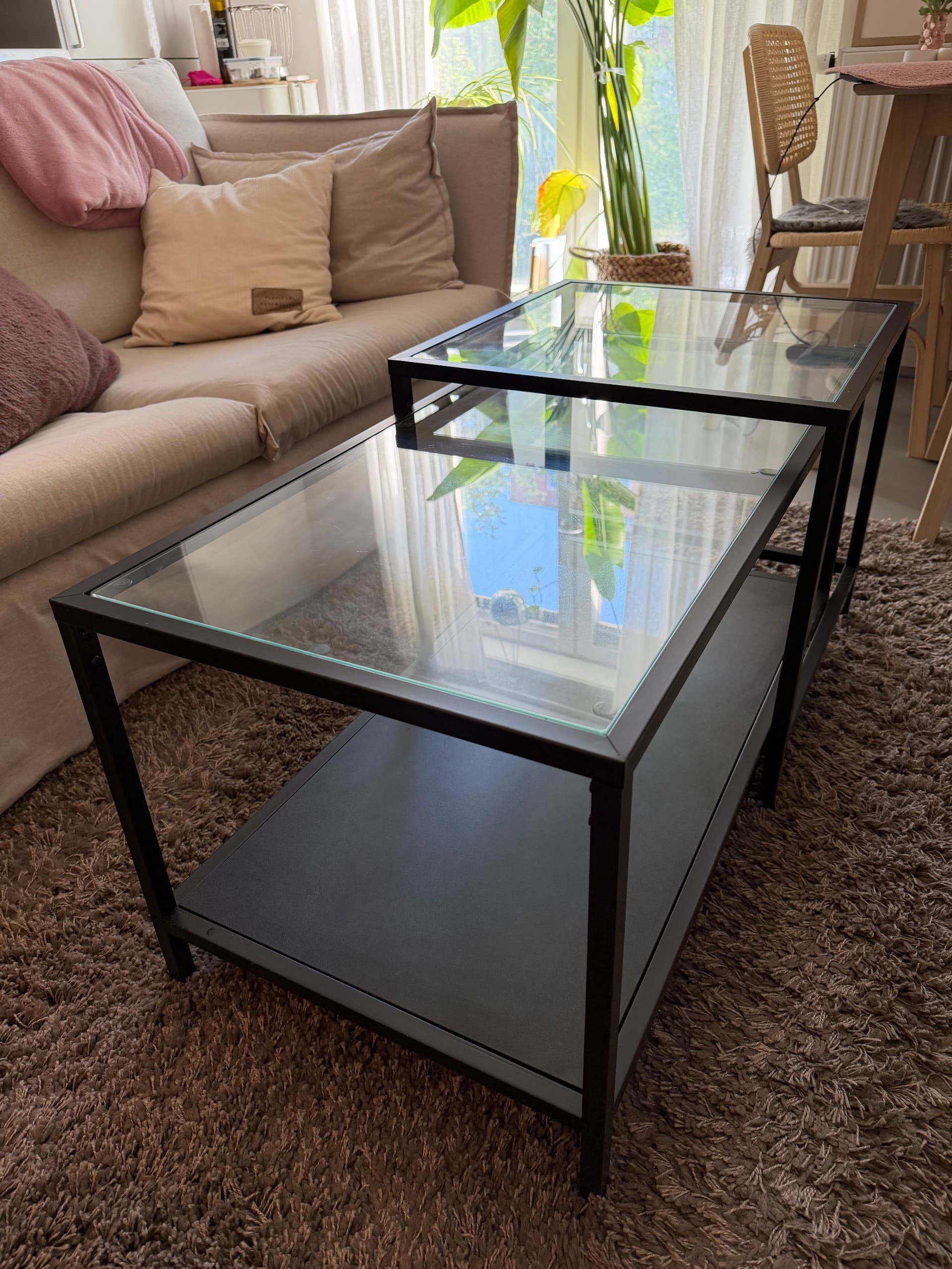 VITTSJÖ nest of tables, set of 2, black-brown/glass, 90x50 cm