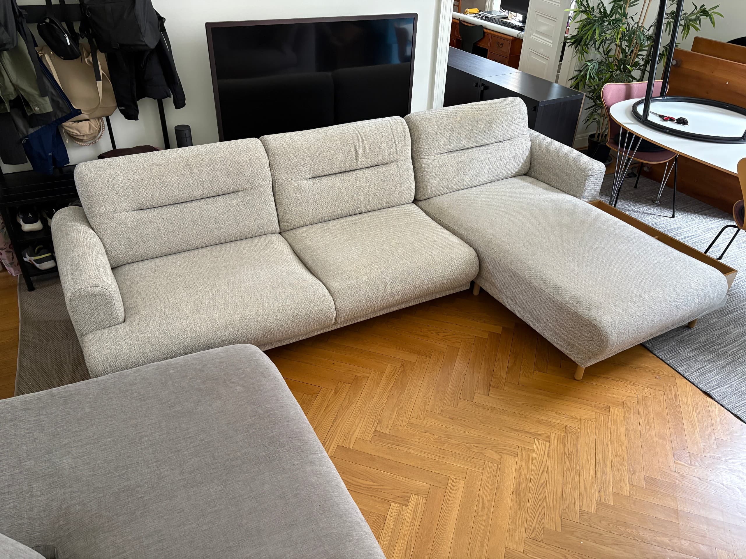 SMEDSTORP 4-seat sofa with chaise longue, Viarp/beige/brown oak