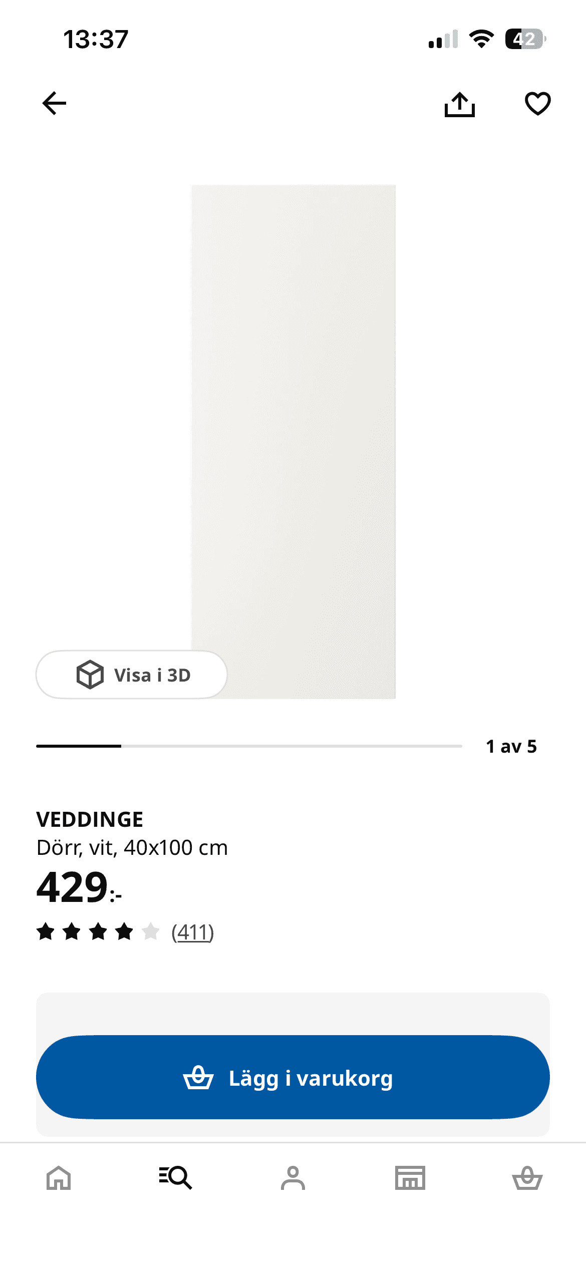 VEDDINGE door, white, 40x100 cm