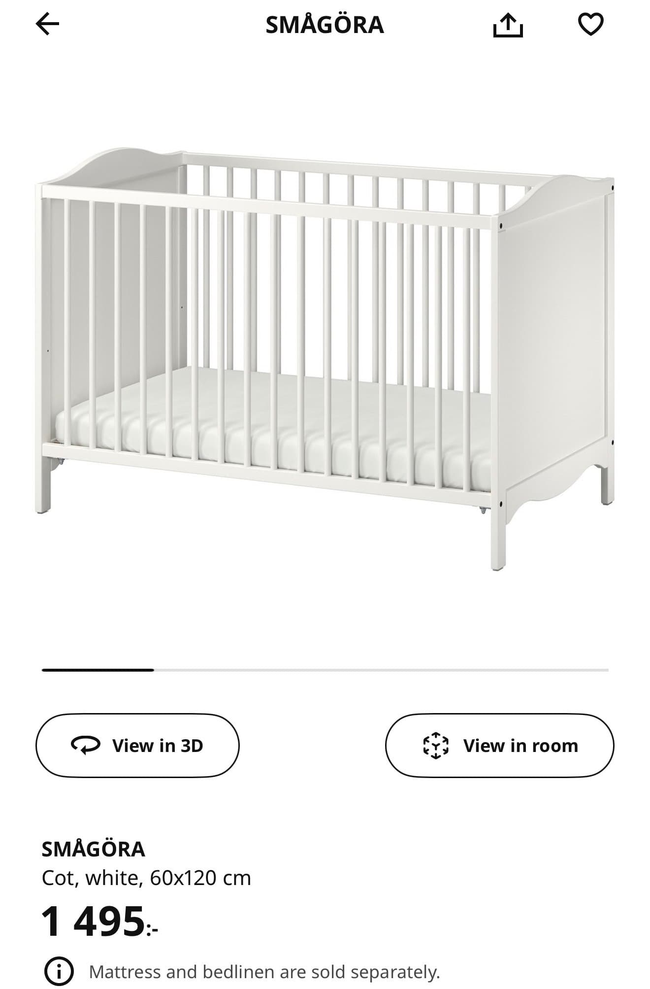 SMÅGÖRA cot, white, 60x120 cm