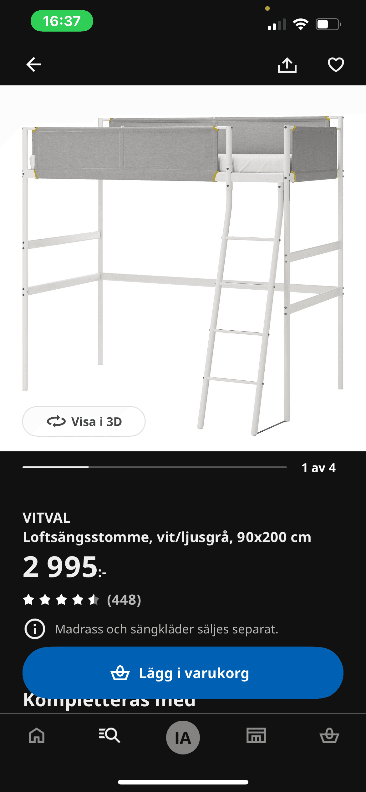 VITVAL Loftsängsstomme, vit, ljusgrå, 90x200 cm