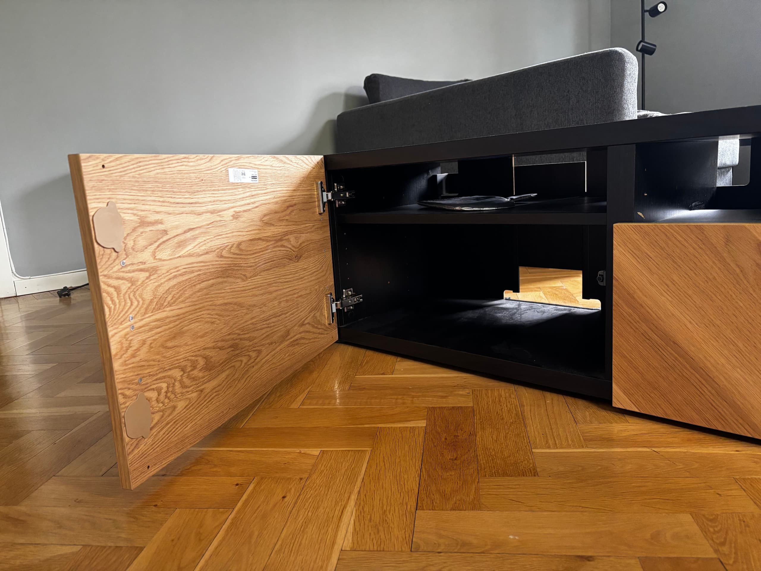 BESTÅ TV storage combination/glass doors, black-brown Sindvik/Studsviken dark brown, 240x42x190 cm