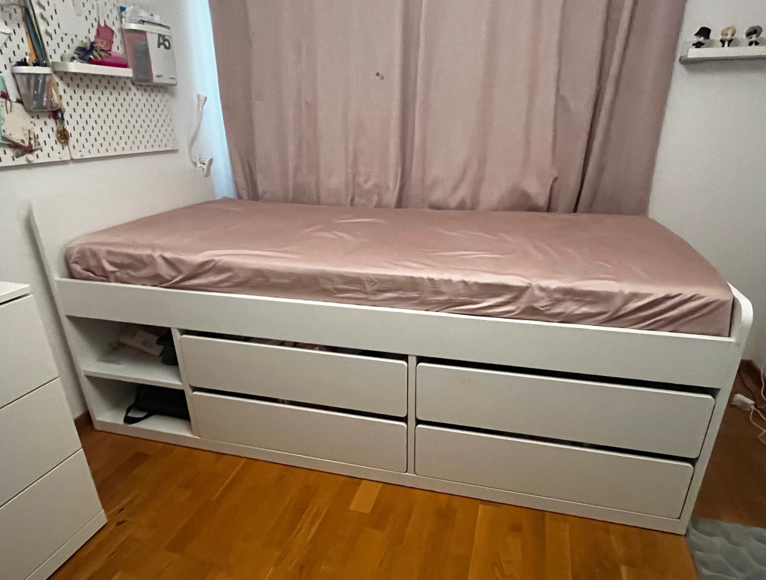 SLÄKT bed frame with storage, white, 90x200 cm
