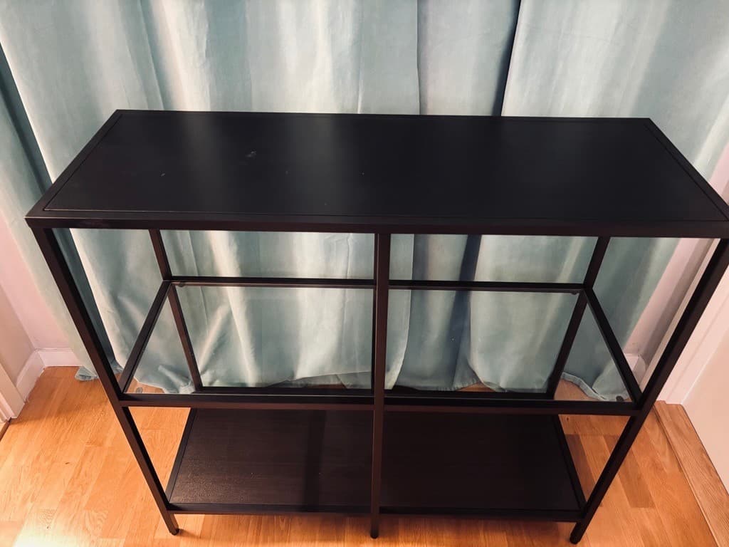 VITTSJÖ shelving unit, black-brown/glass, 100x93 cm