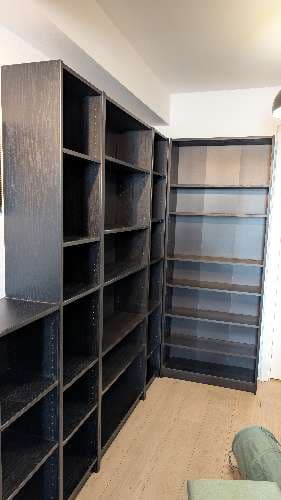 BILLY bookcase corner comb w ext units, black oak effect, 136/136x28x237 cm