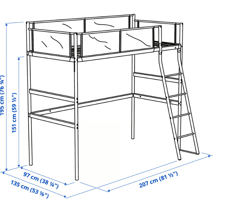 VITVAL loft bed frame, white/light grey, 90x200 cm