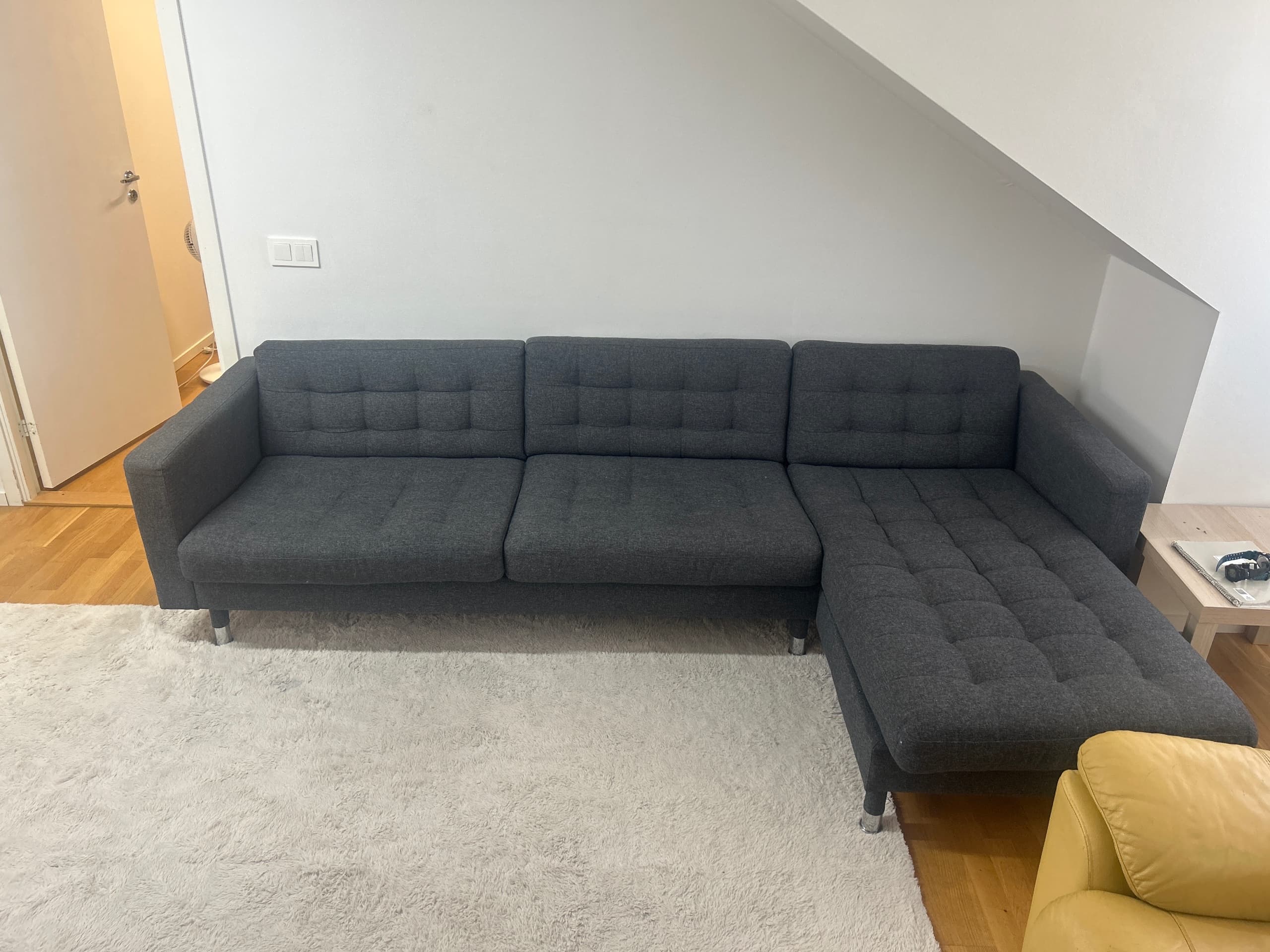 LANDSKRONA 3-seat sofa, with chaise longue/Gunnared dark grey/wood