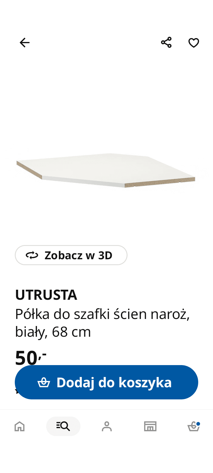 UTRUSTA półka do szafki ścien naroż, biały, 68 cm