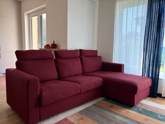 VIMLE sofa 3-osobowa, z szezlongiem z zagłówkiem/Lejde czerwony/brązowy
