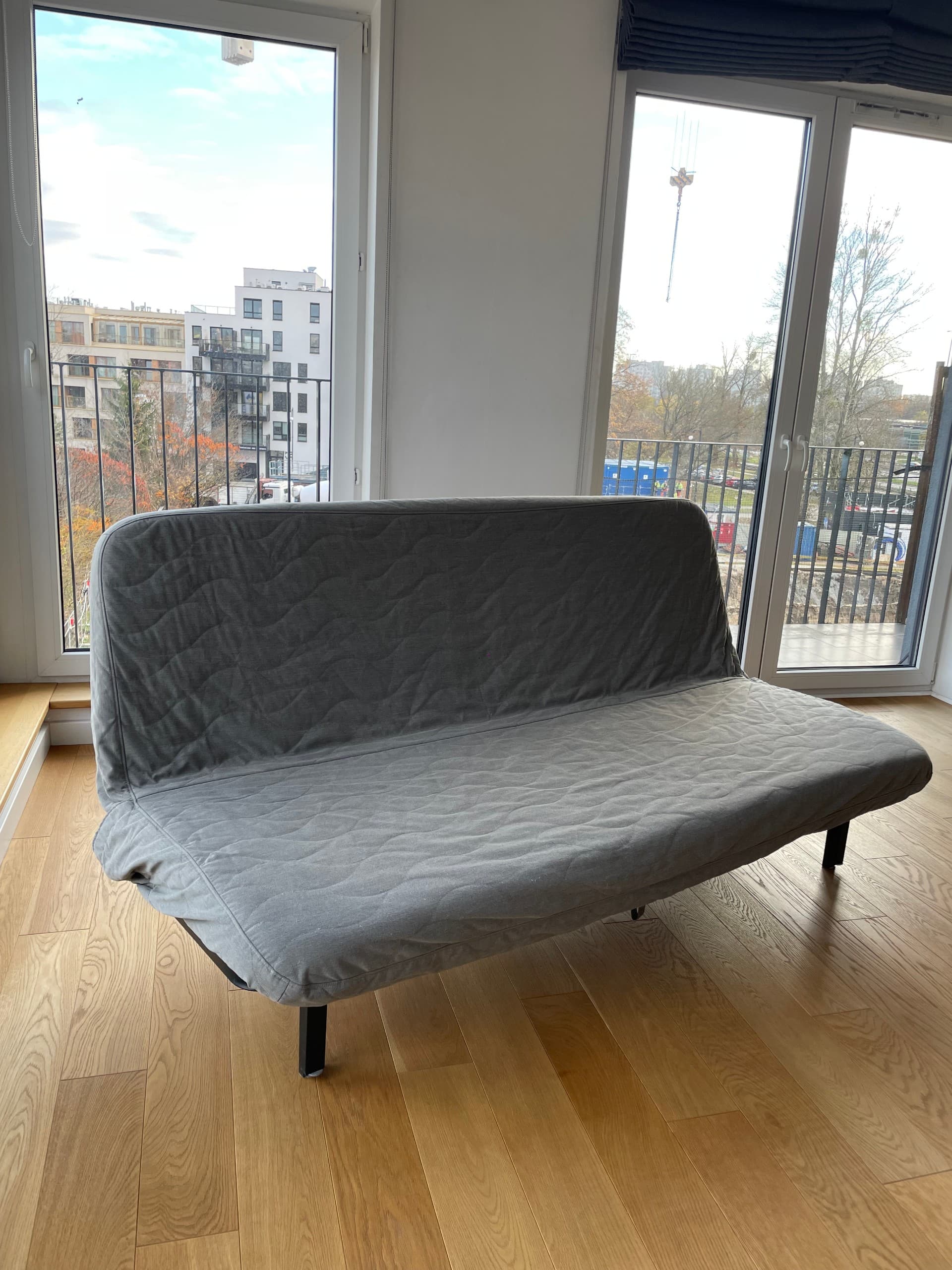 NYHAMN sofa 3-osobowa, rozkładana, z materacem piankowym/Knisa szary/beż