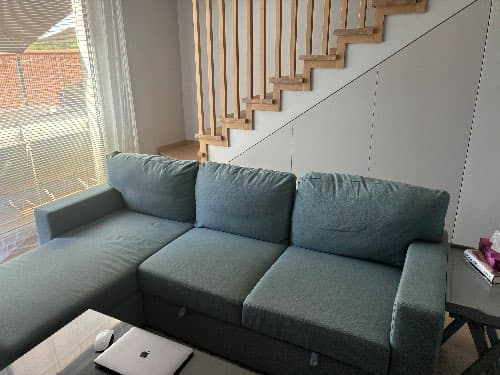 BÅRSLÖV 3-os sofa rozkładana z szezlongiem, Tibbleby jasny szaroturkusowy
