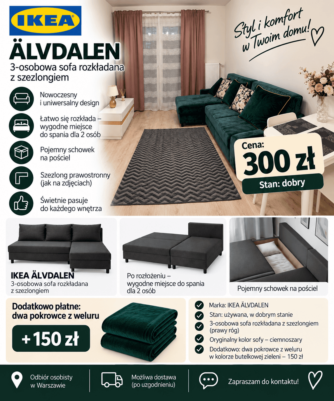 ÄLVDALEN 3-os sofa rozkładana z szezlongiem, Knisa ciemnoszary