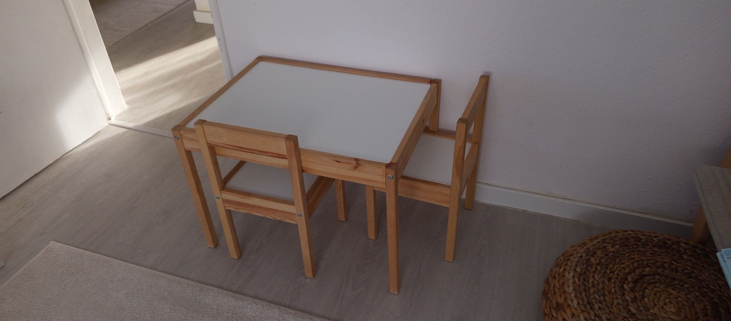 LÄTT Children's table with 2 chairs, white, pine, Table length: 63 cm