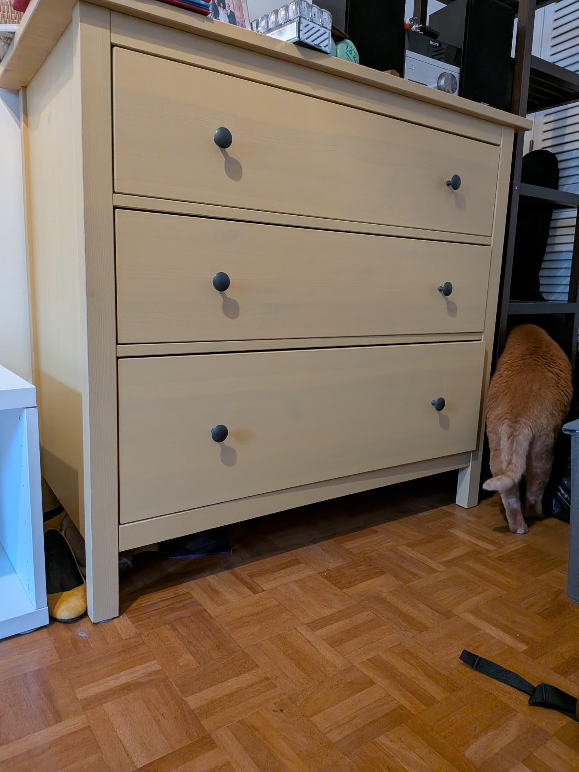 HEMNES chest of 3 drawers, grey-green/light brown stained, 108x96 cm