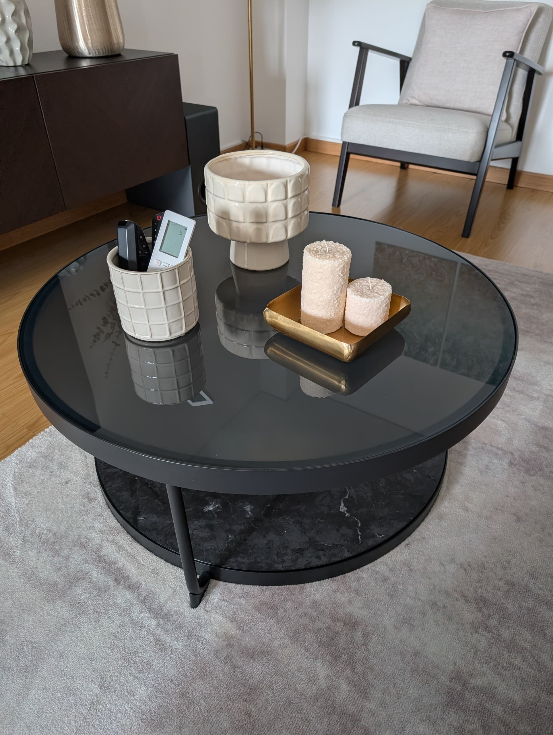 FRÖTORP mesa de centro, antracite efeito mármore/preto vidro, 88 cm