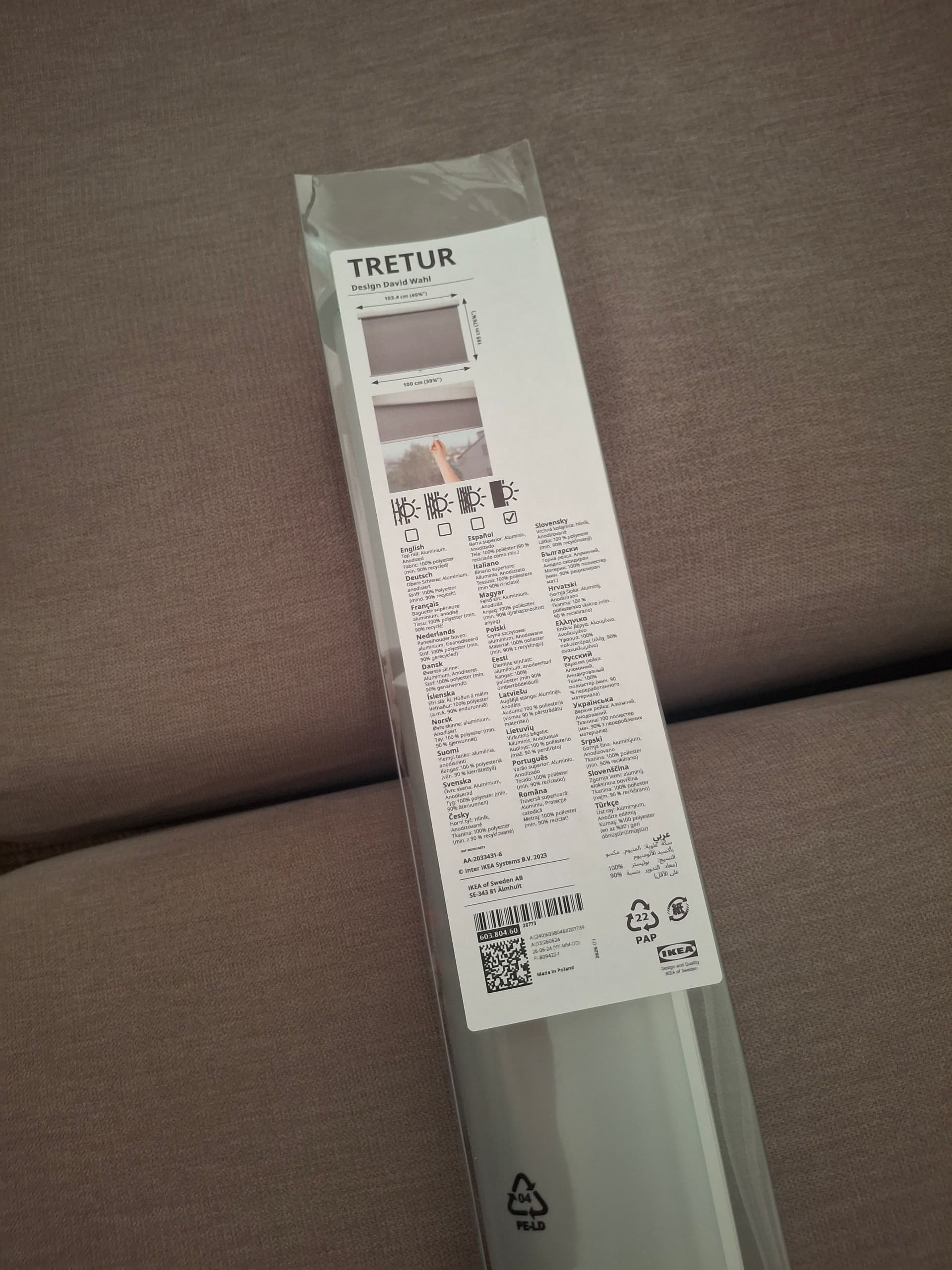 TRETUR estore de correr opaco, cinz clr, 100x195 cm