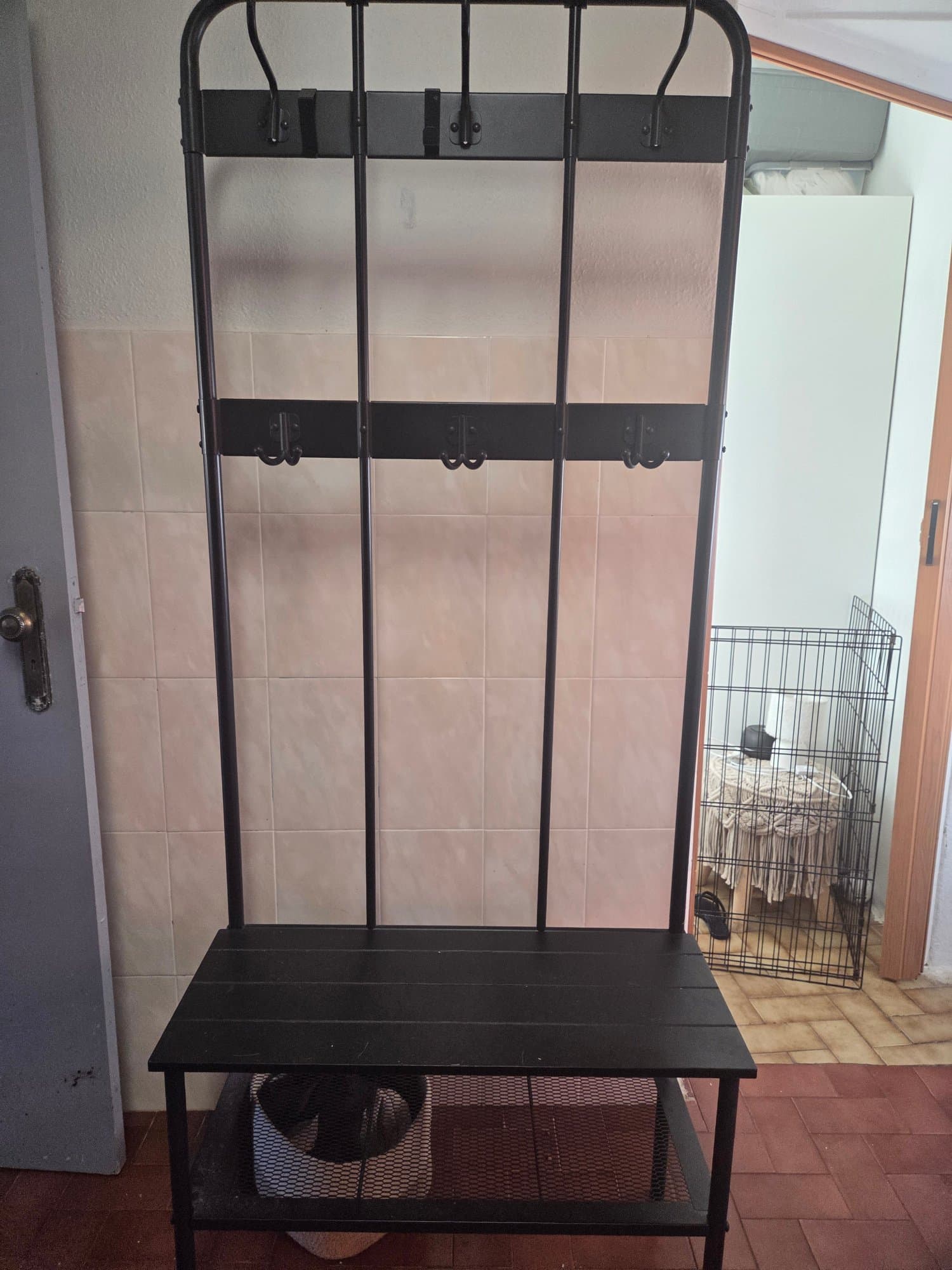 NIPÅSEN coat rack and bench w shoe storage, black, 190x35x79 cm