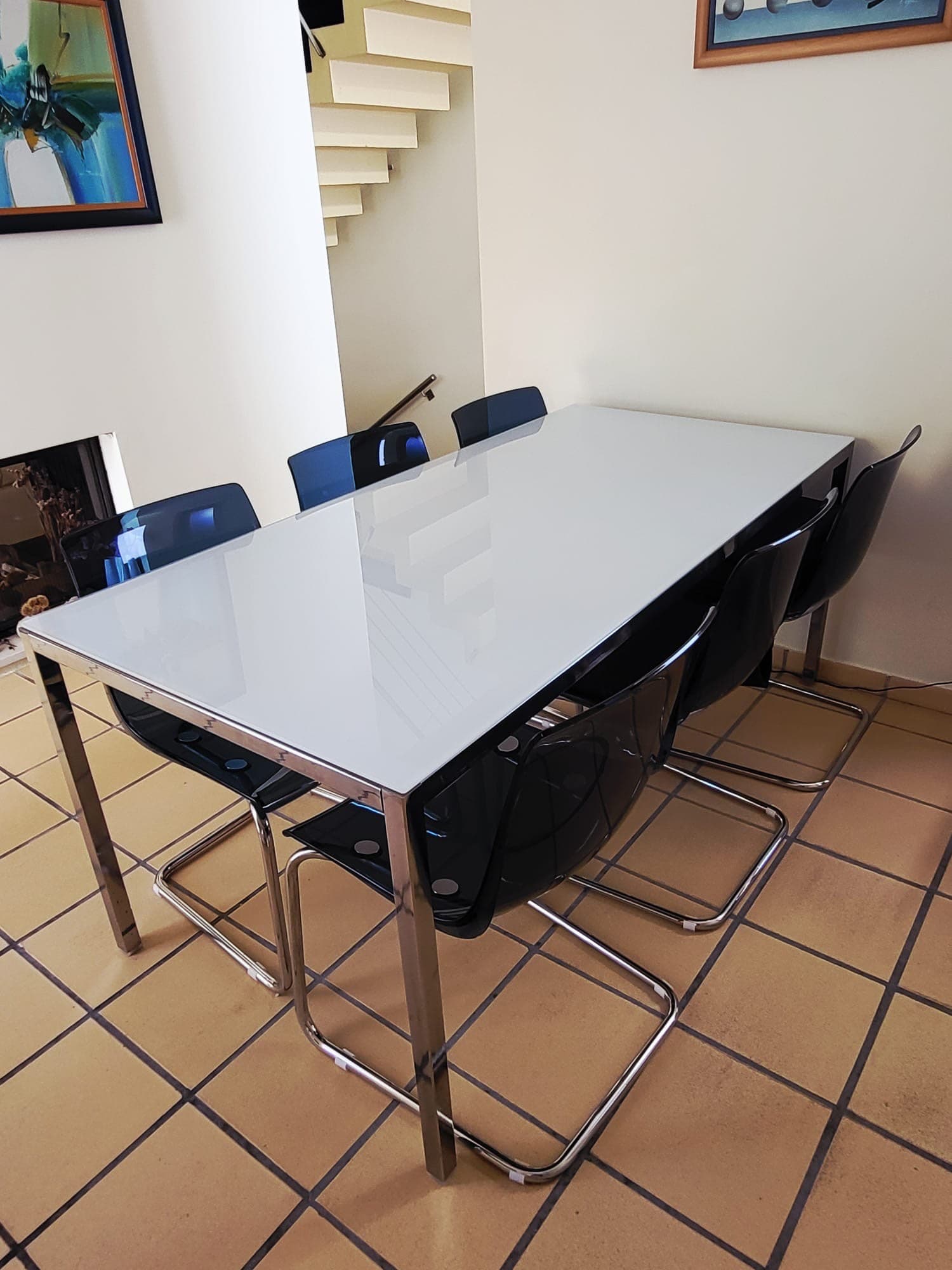 MESA TORSBY 180CM table and 4 chairs, high-gloss white/Kavat white