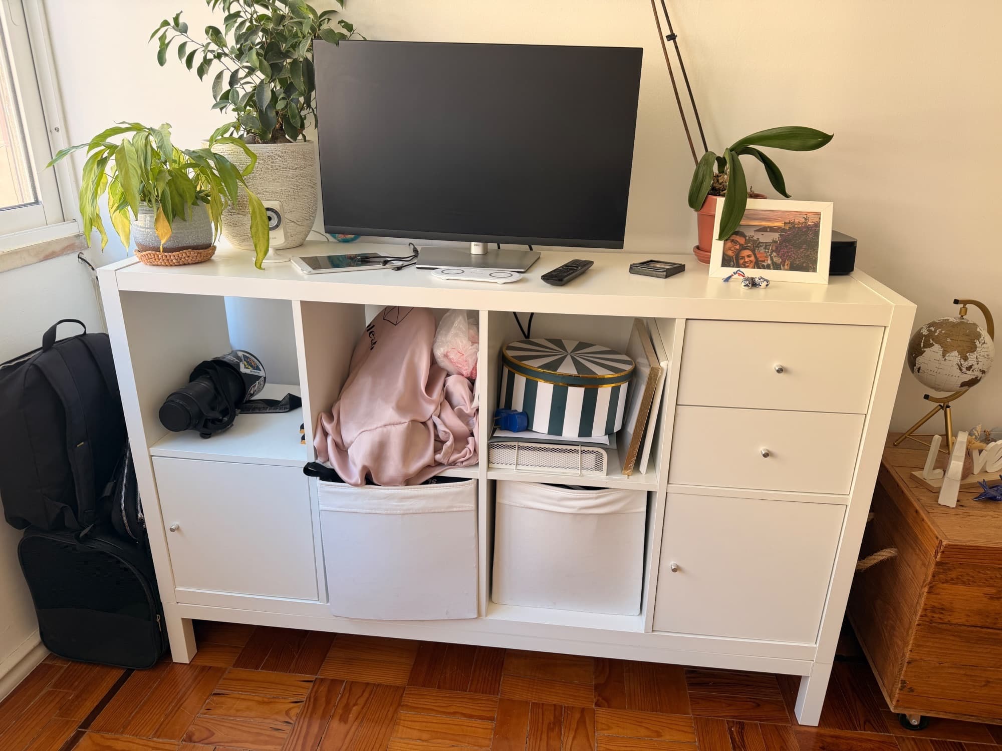 KALLAX shelving unit with underframe, with 2 doors/with 2 shelf inserts white, 147x94 cm
