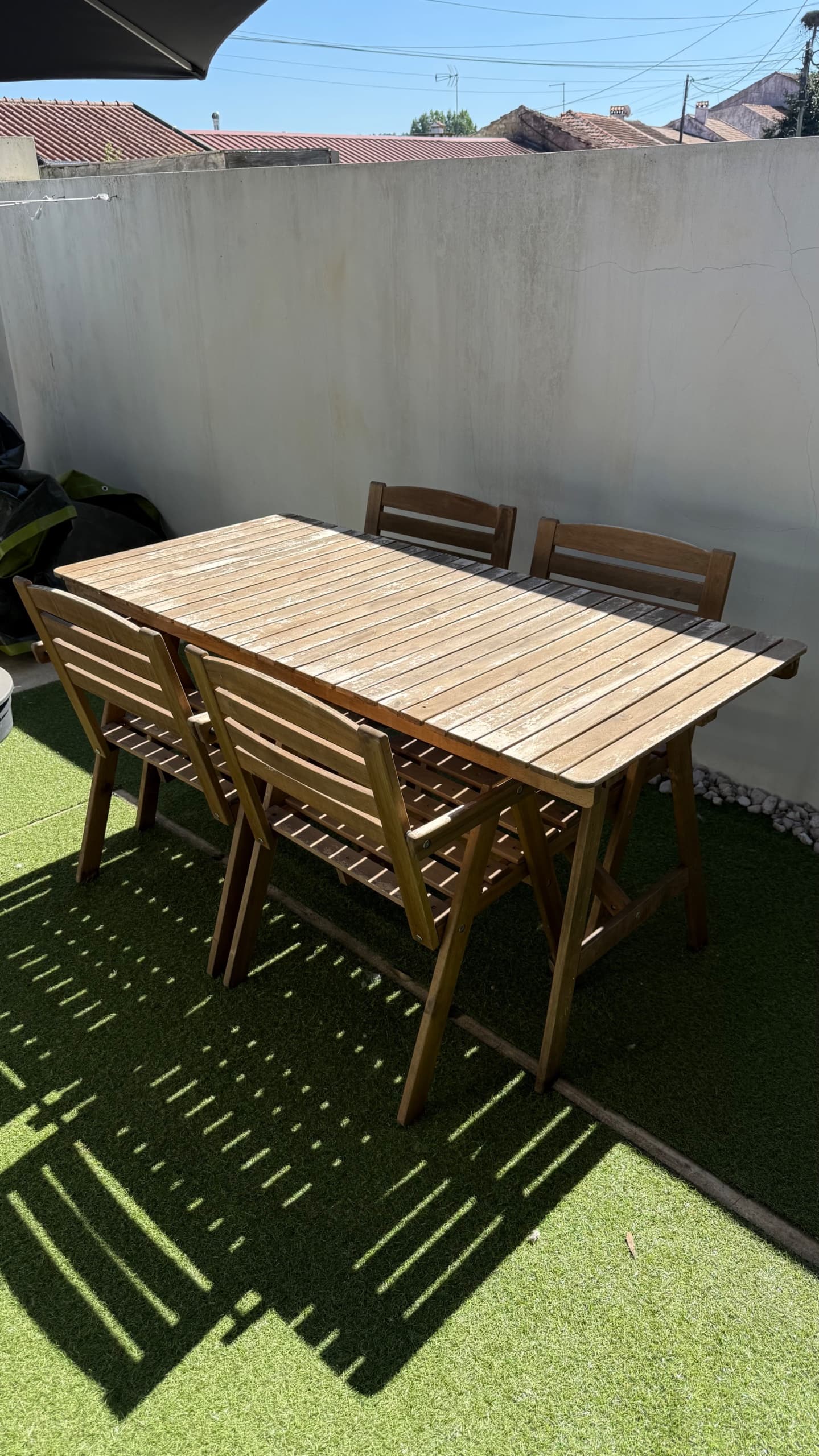 ASKHOLMEN table+4 folding chairs, outdoor, dark brown, 143x75 cm