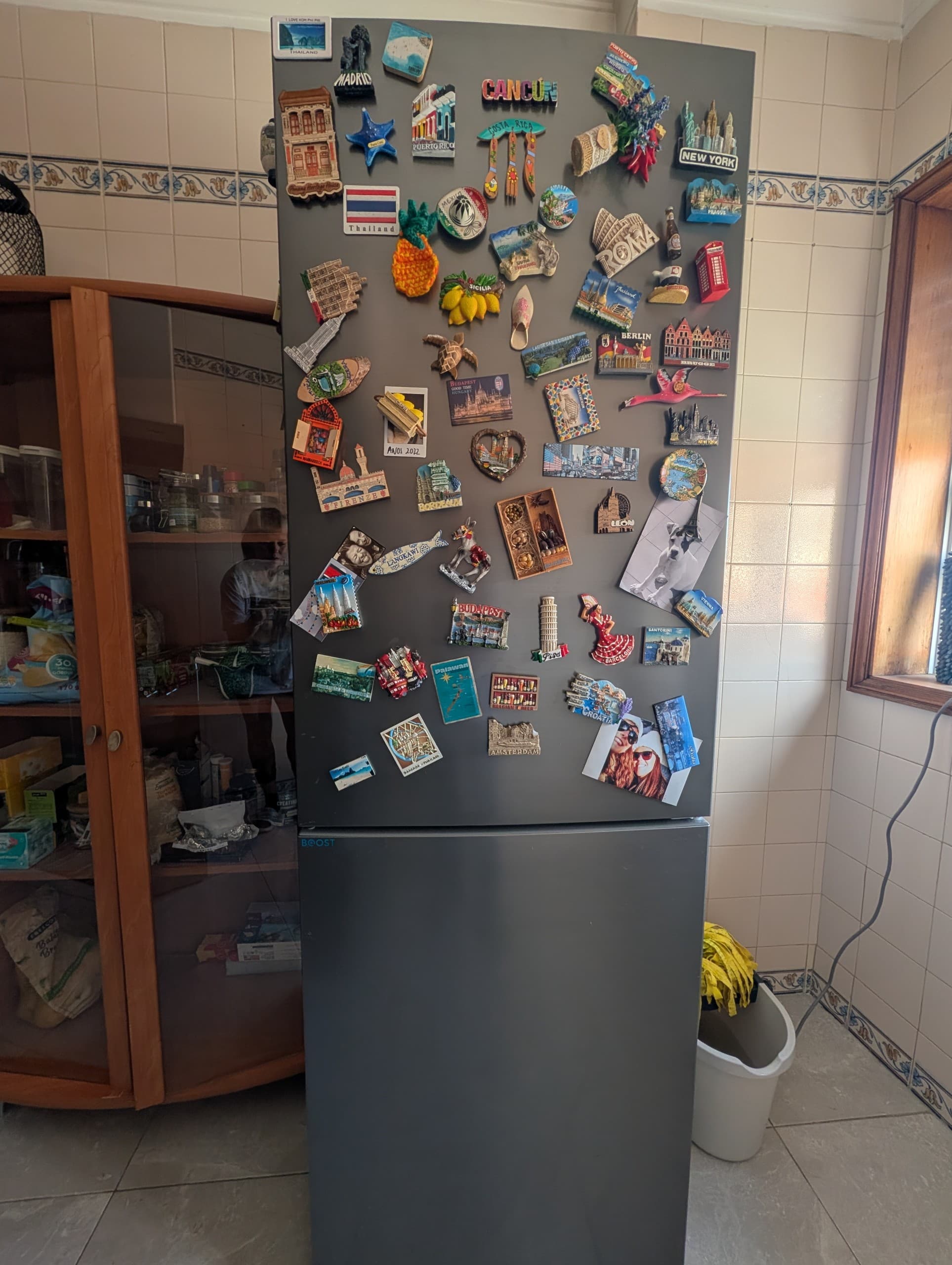 METOD high cabinet for fridge/freezer, black-grey/Sinarp brown, 60x60x200 cm