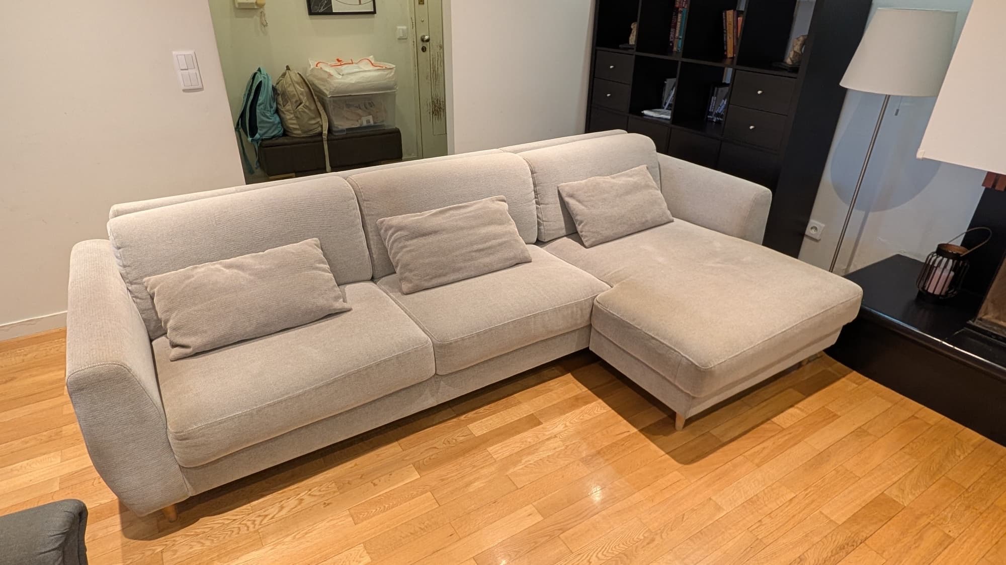 SMEDSTORP sofá 4lugares c/chaise longue, Viarp/bege/castanho carvalho