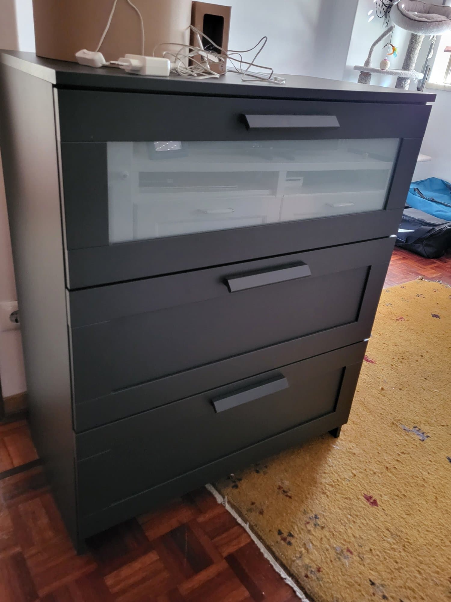 BRIMNES chest of 3 drawers, black/frosted glass