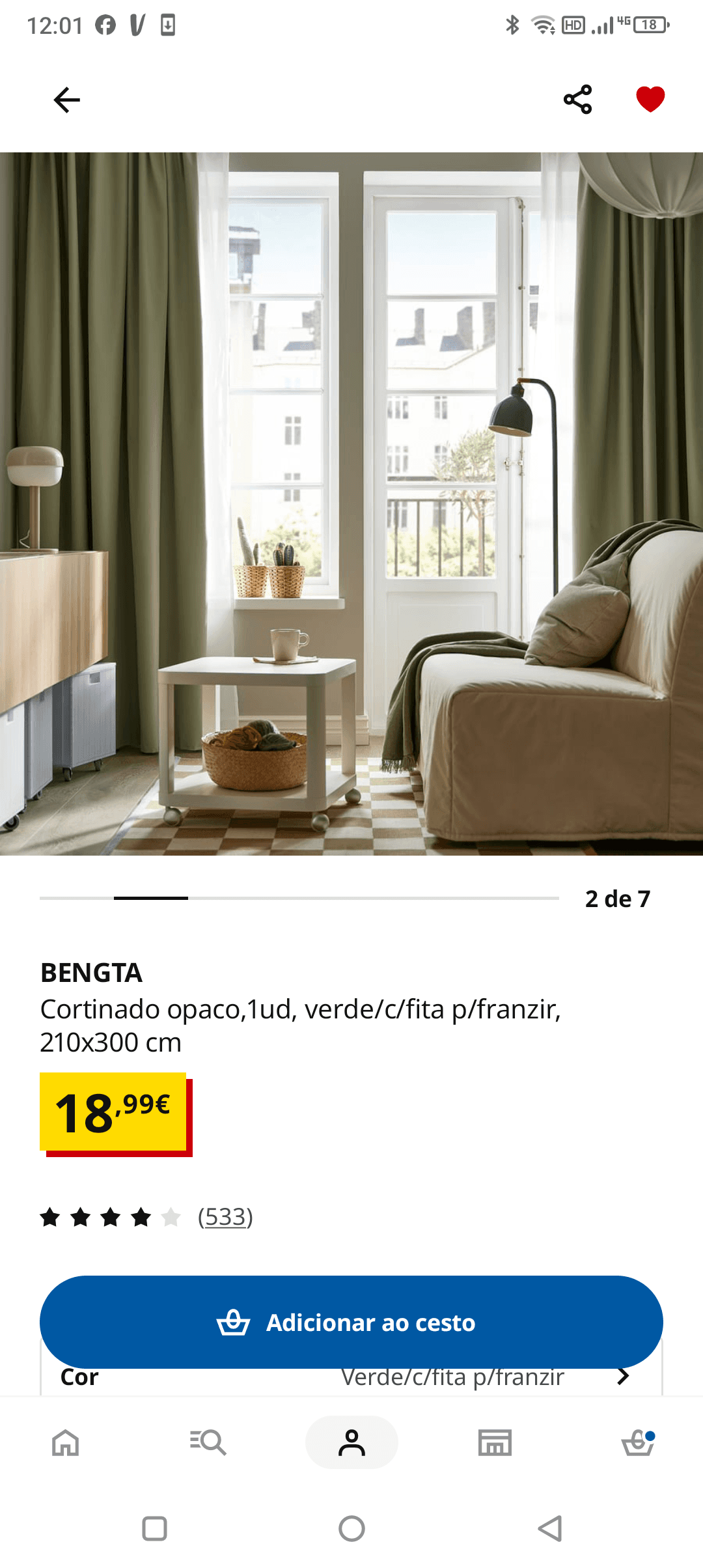 BENGTA cortinado opaco,1ud, verde/c/fita p/franzir, 210x300 cm