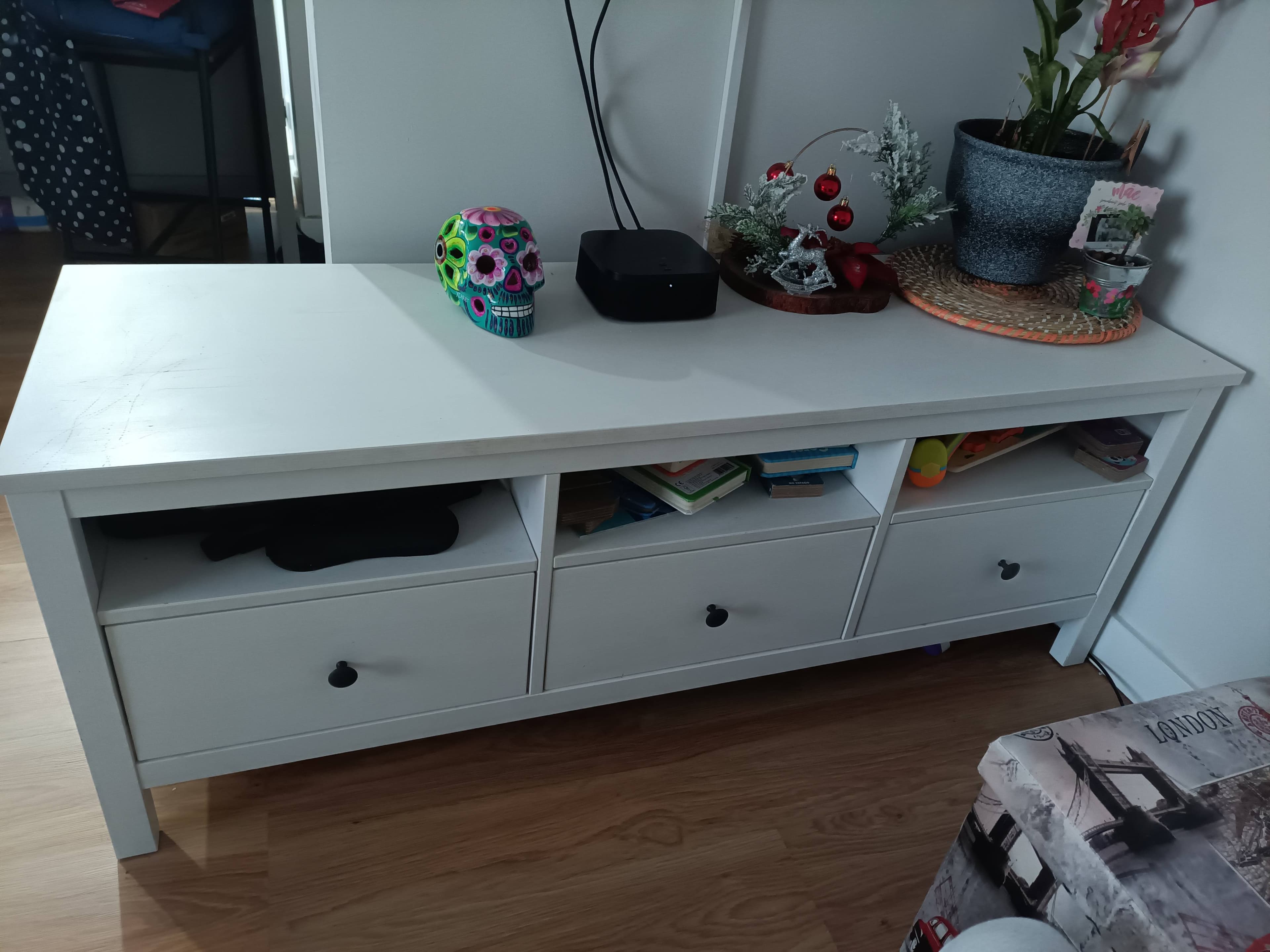 HEMNES TV bench, white stain, light brown, 148x47x57 cm