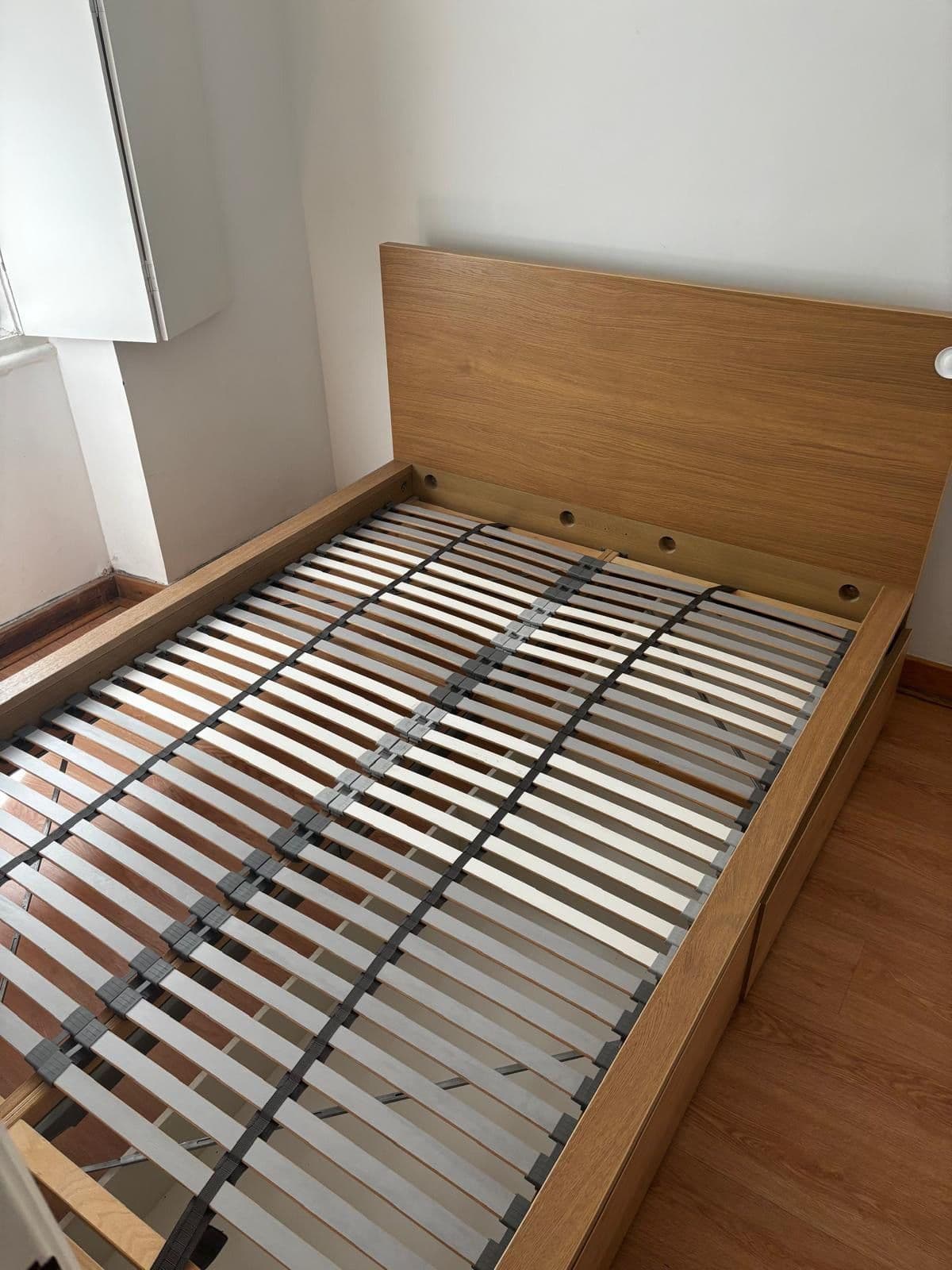 MALM bed frame, high, w 2 storage boxes, white stained oak veneer/Lönset, 140x200 cm
