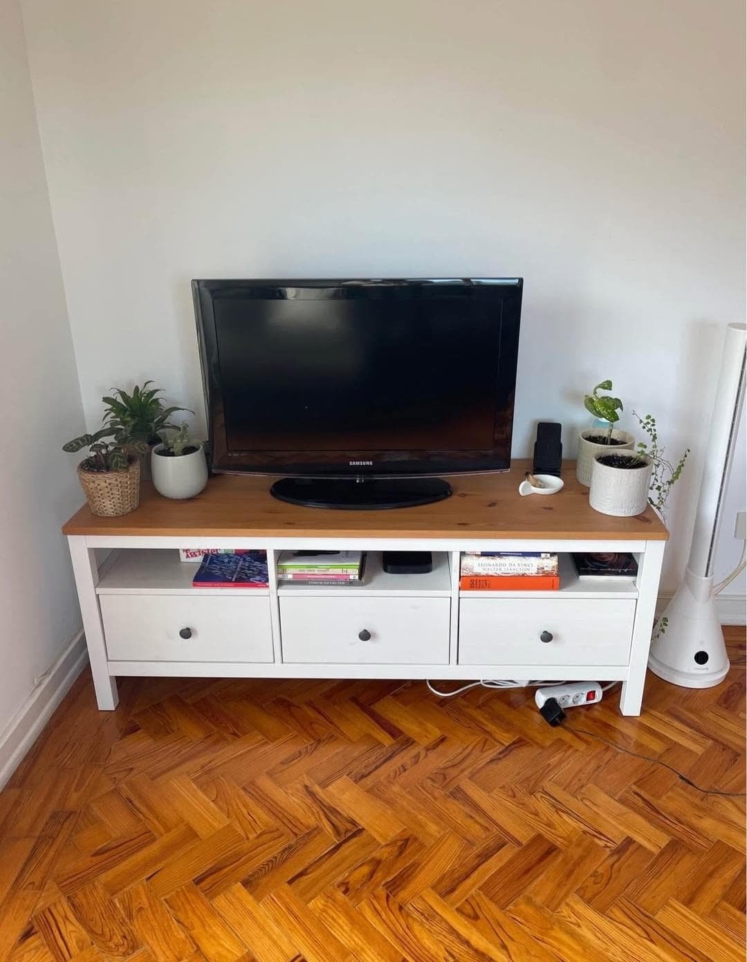 HEMNES TV bench, white stain, light brown, 148x47x57 cm
